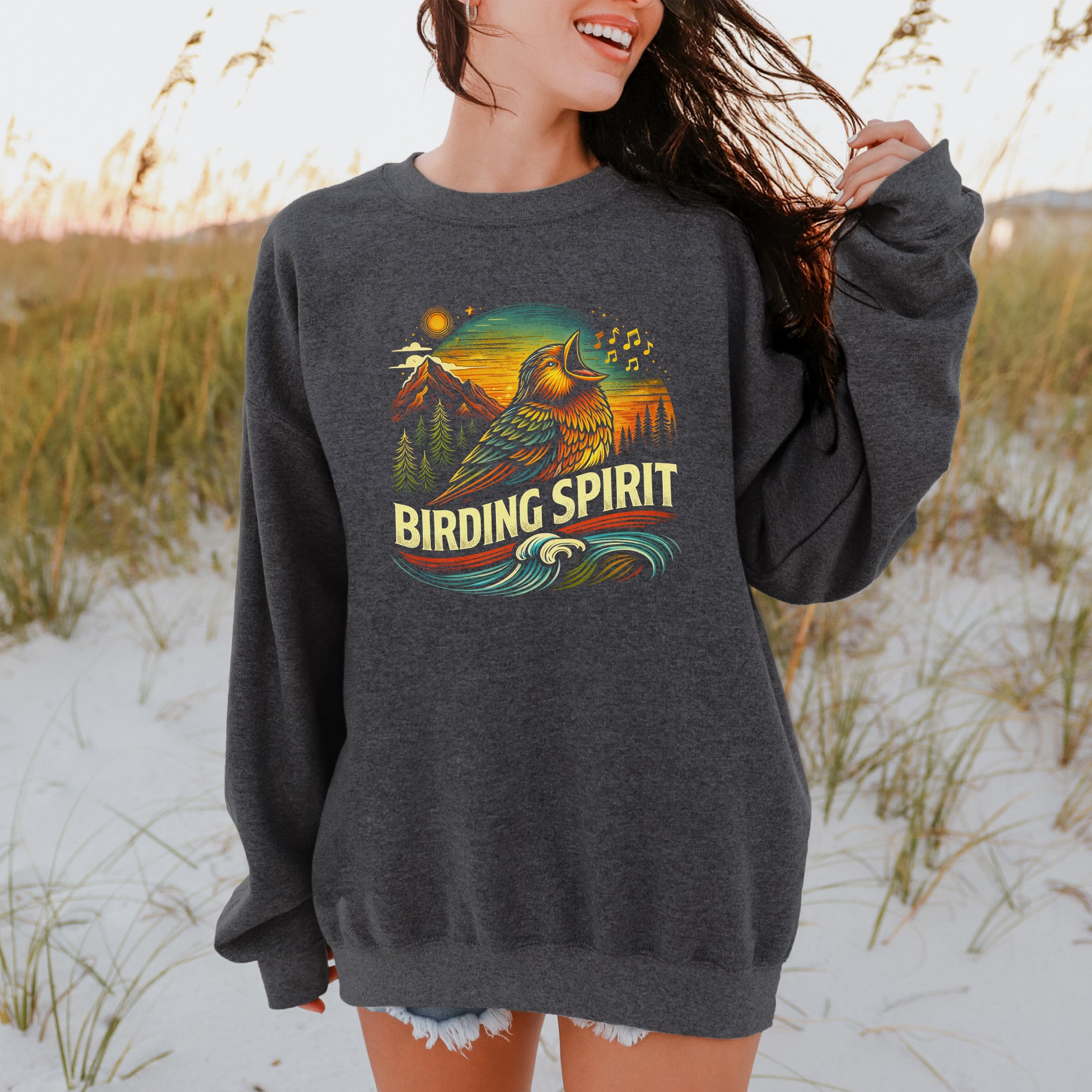 Birding Spirit Retro Mountain Sunset Singing Bird Sweatshirt