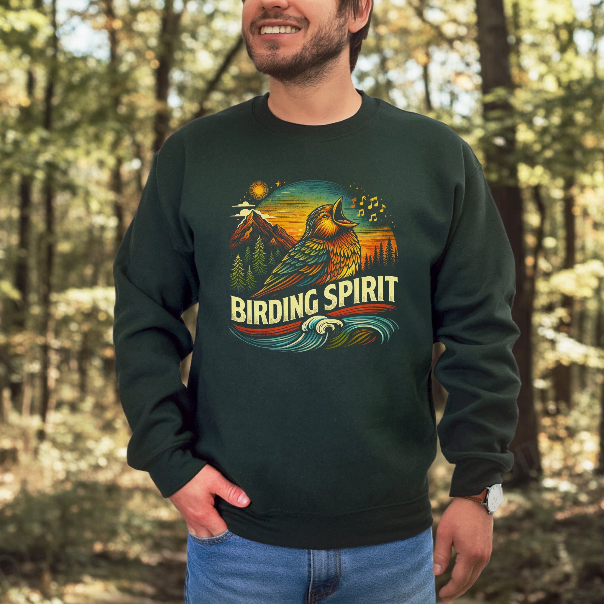 Birding Spirit Retro Mountain Sunset Singing Bird Sweatshirt