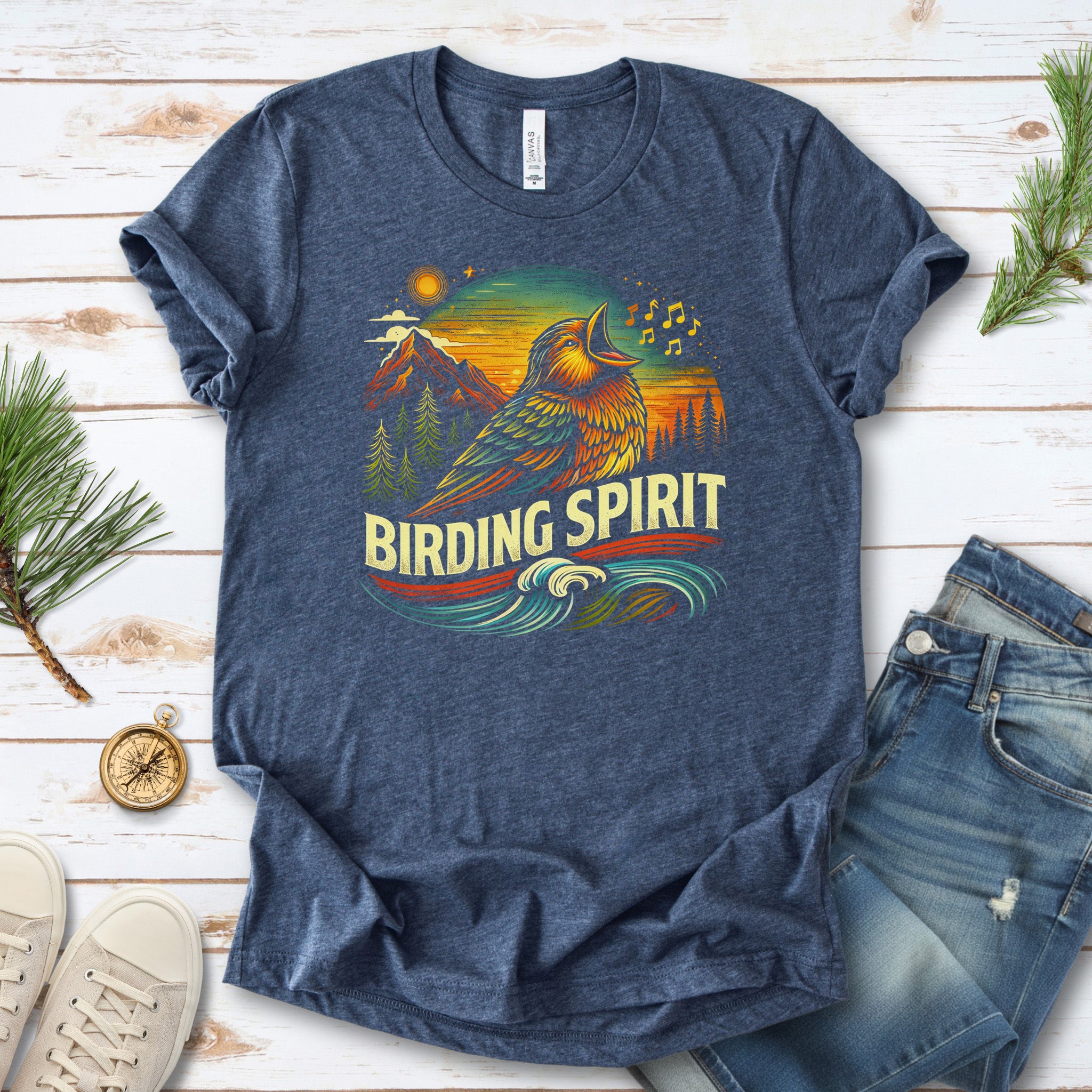 Birding Spirit Retro Mountain Sunset Singing Bird T-Shirt