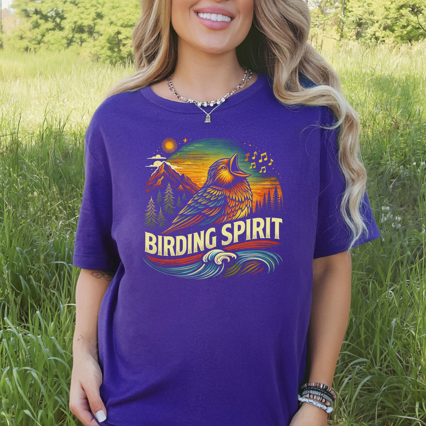 Birding Spirit Retro Mountain Sunset Singing Bird T-Shirt