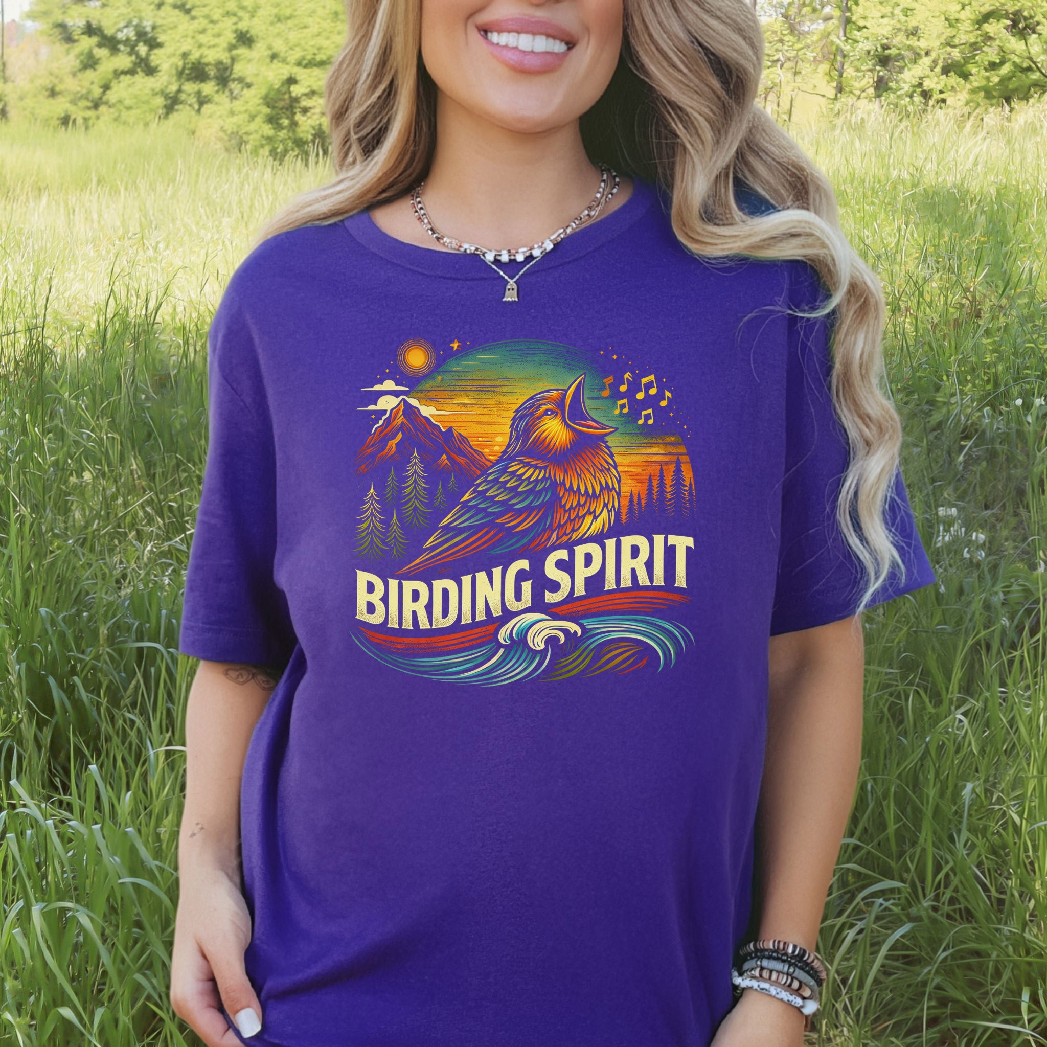 Birding Spirit Retro Mountain Sunset Singing Bird T-Shirt