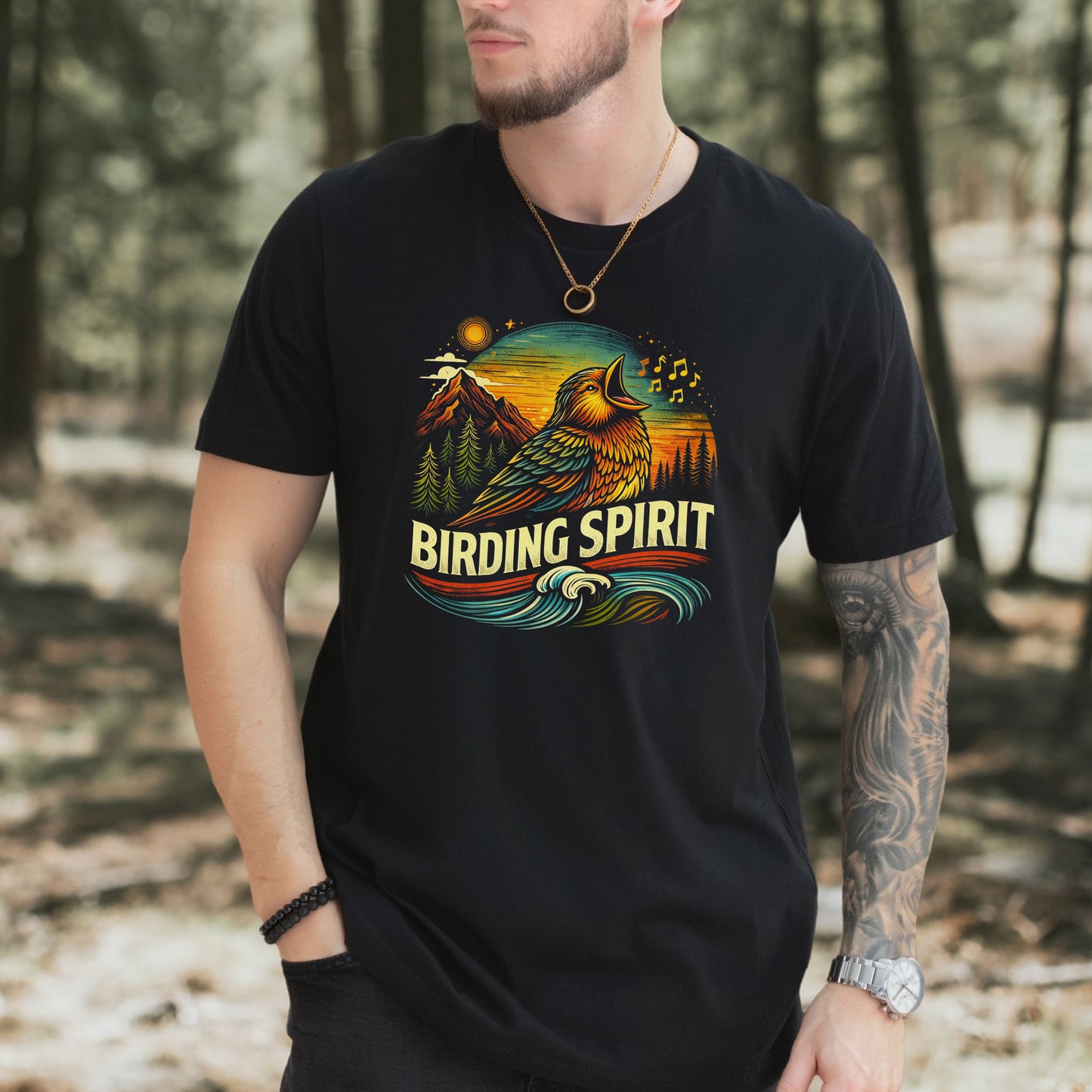 Birding Spirit Retro Mountain Sunset Singing Bird T-Shirt