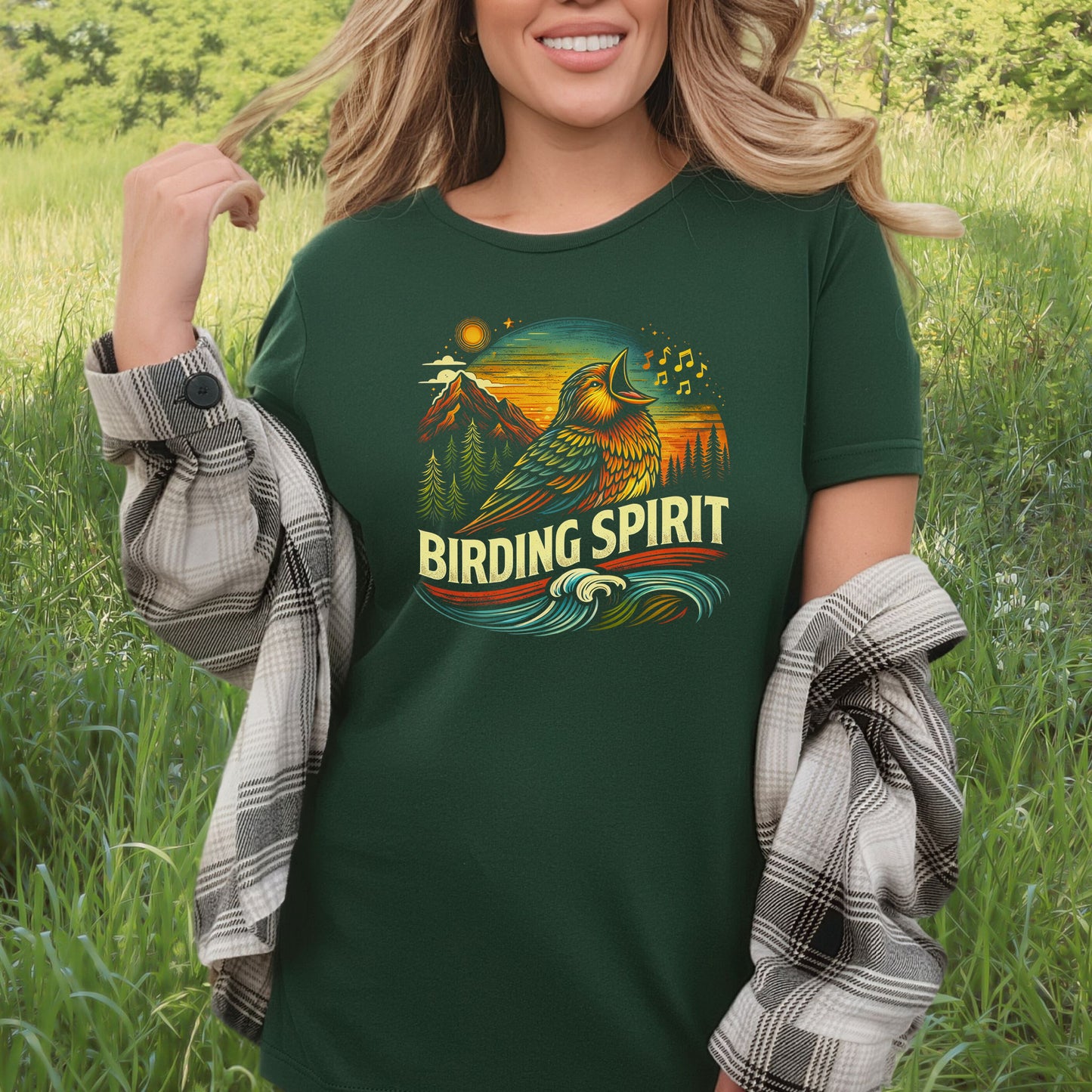 Birding Spirit Retro Mountain Sunset Singing Bird T-Shirt