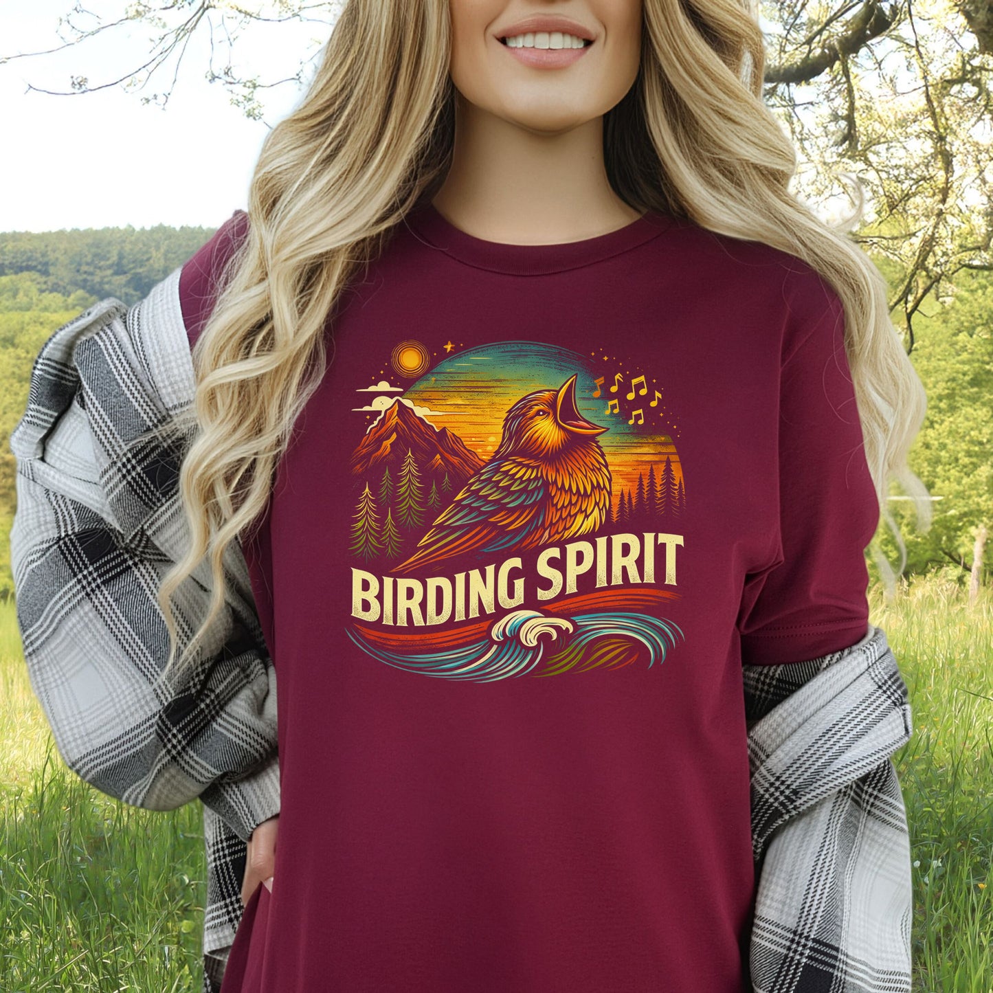 Birding Spirit Retro Mountain Sunset Singing Bird T-Shirt