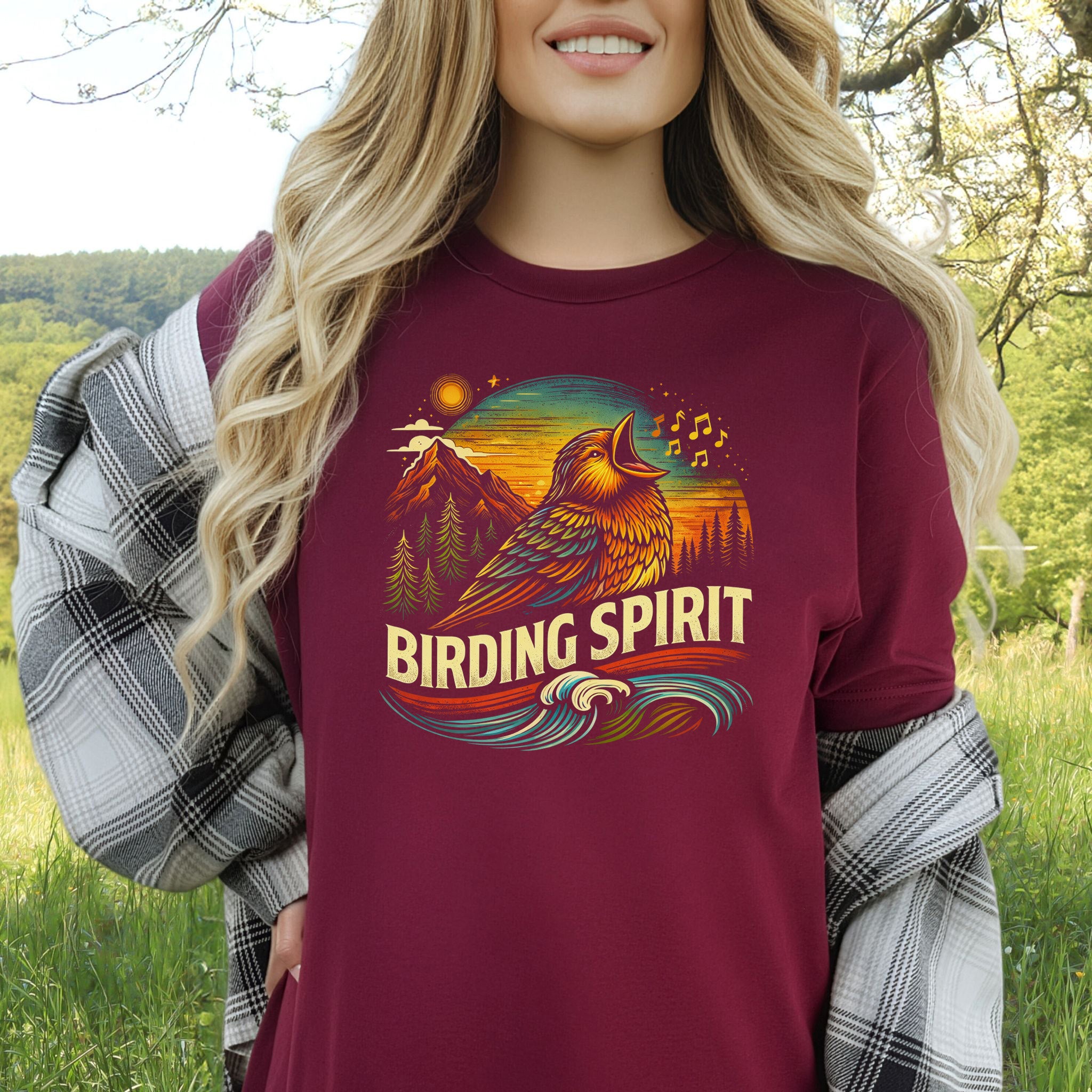 Birding Spirit Retro Mountain Sunset Singing Bird T-Shirt