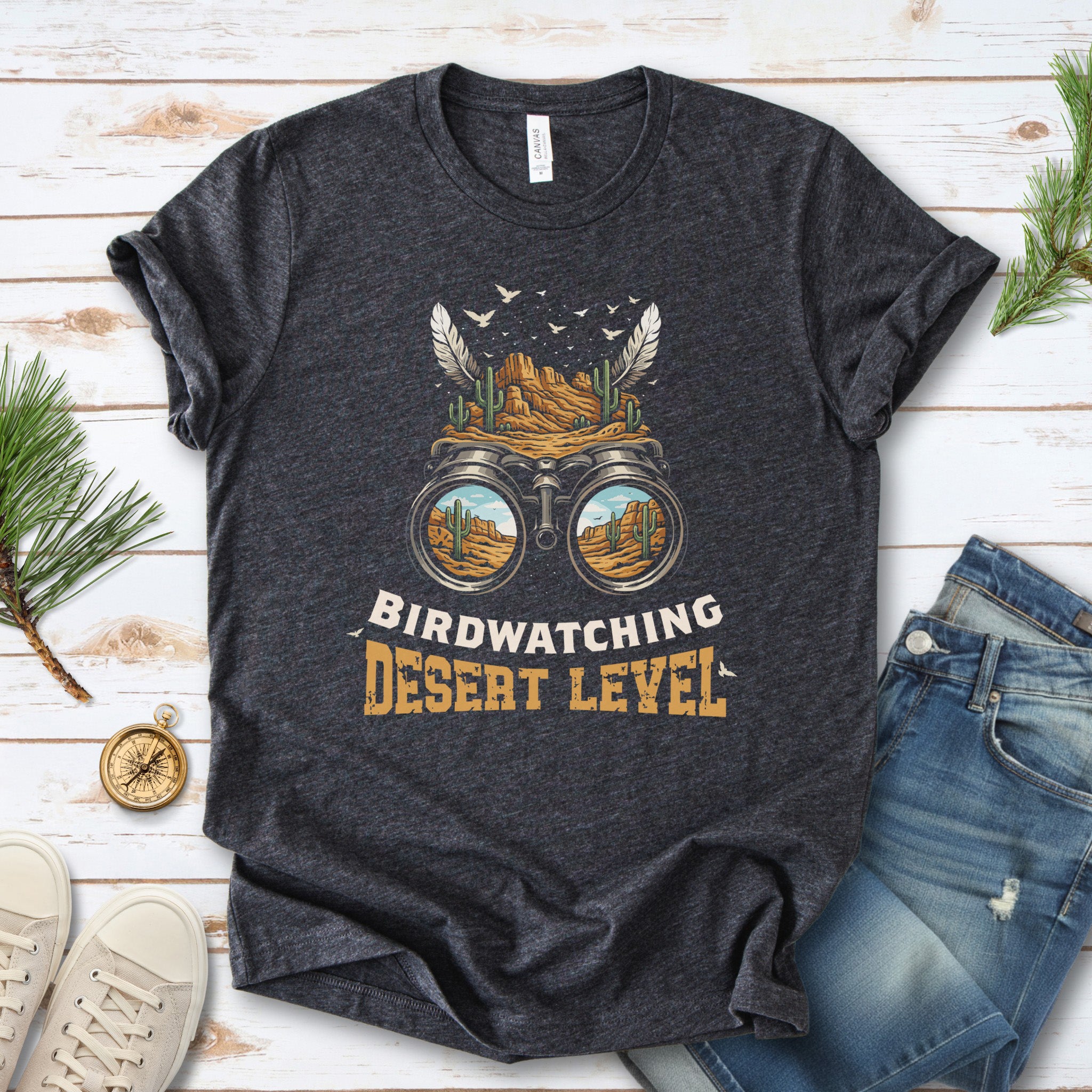 Birdwatching Desert Level Retro Cactus Binoculars T-Shirt