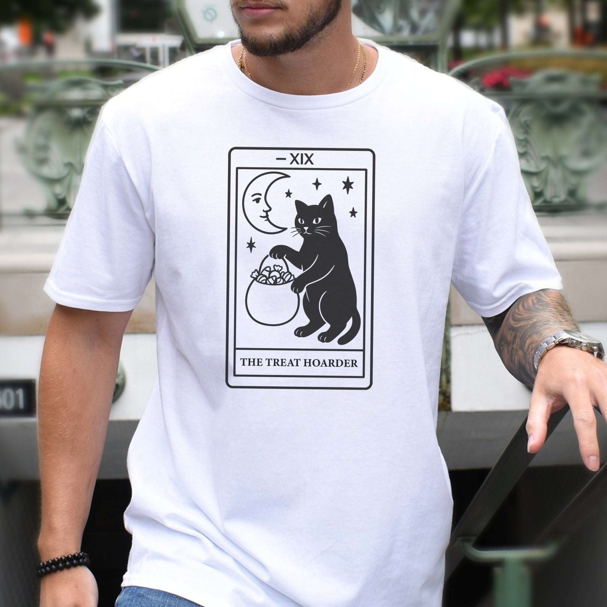 The Treat Hoarder T-Shirt – Black Cat Tarot Card Halloween Magic