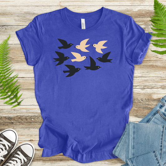 Minimalist Birds T-Shirt – Retro Black & Beige Flock for Nature Lovers