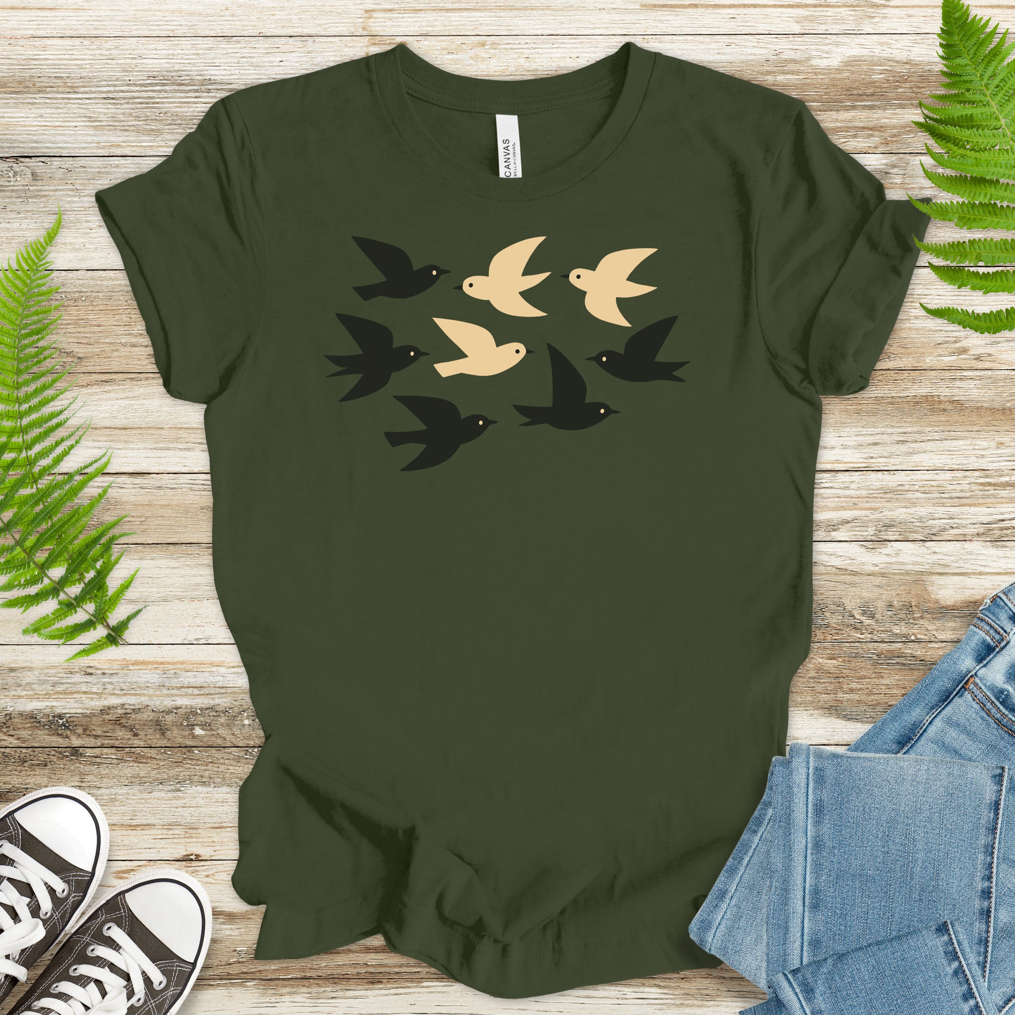 Minimalist Birds T-Shirt – Retro Black & Beige Flock for Nature Lovers