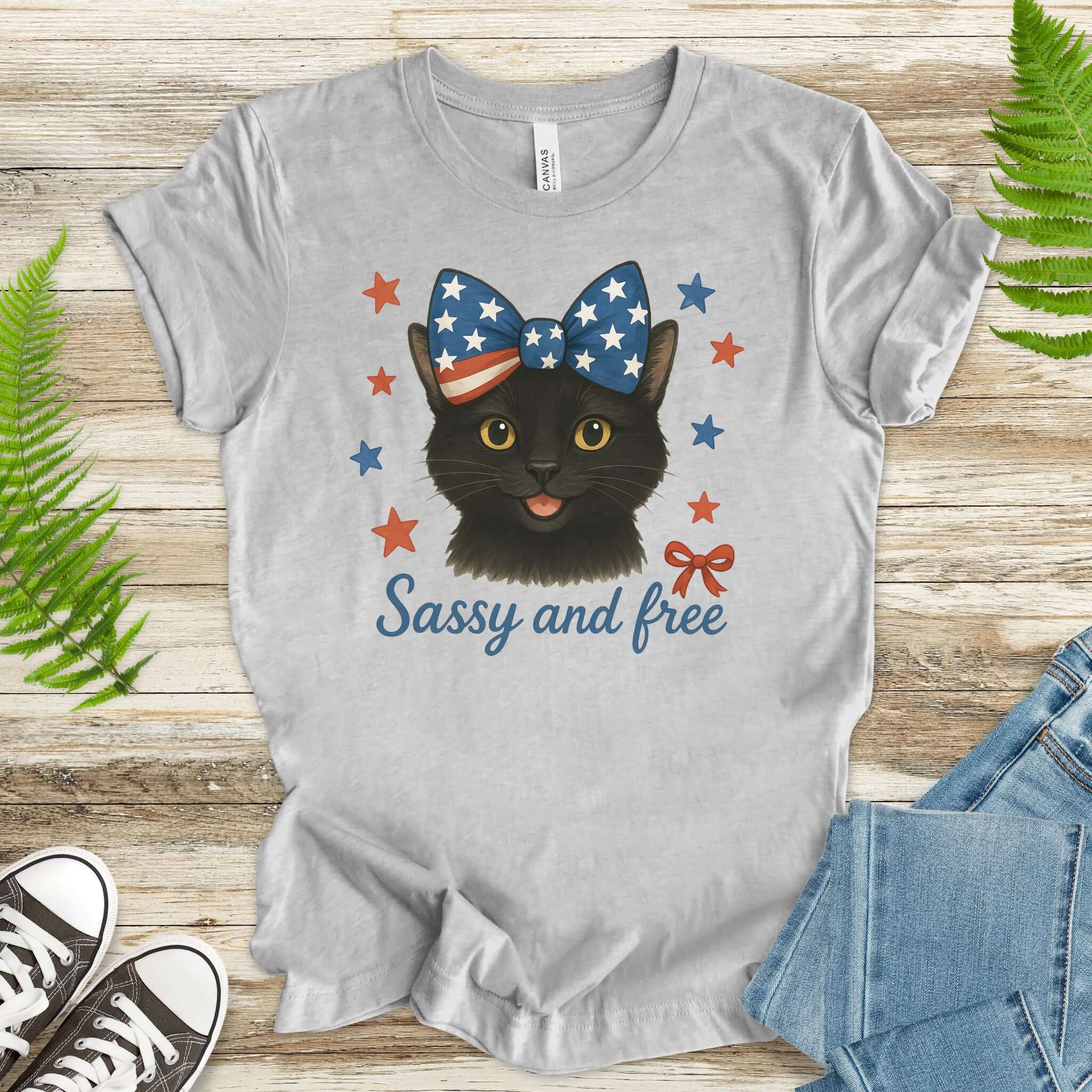 Black Cat with Ribbon 4th of July T-Shirt