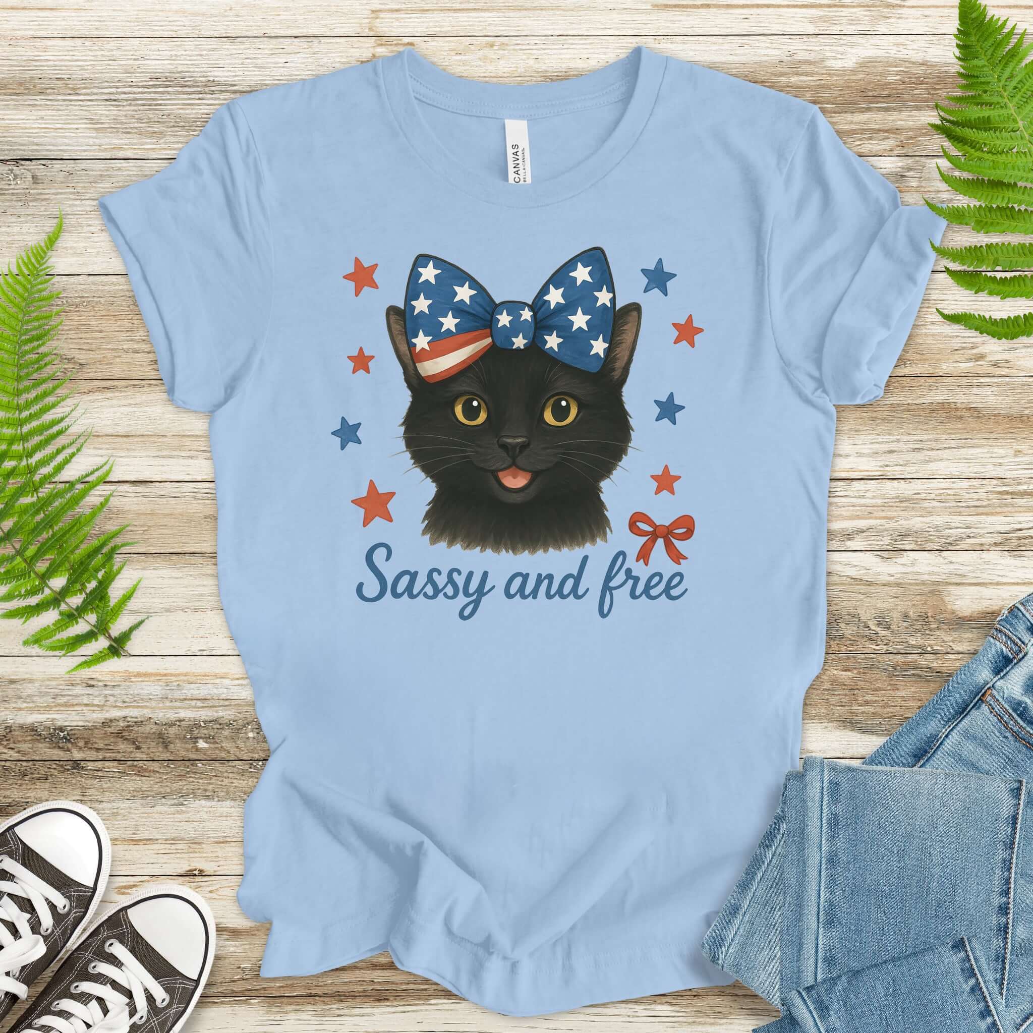 Black Cat with Ribbon 4th of July T-Shirt