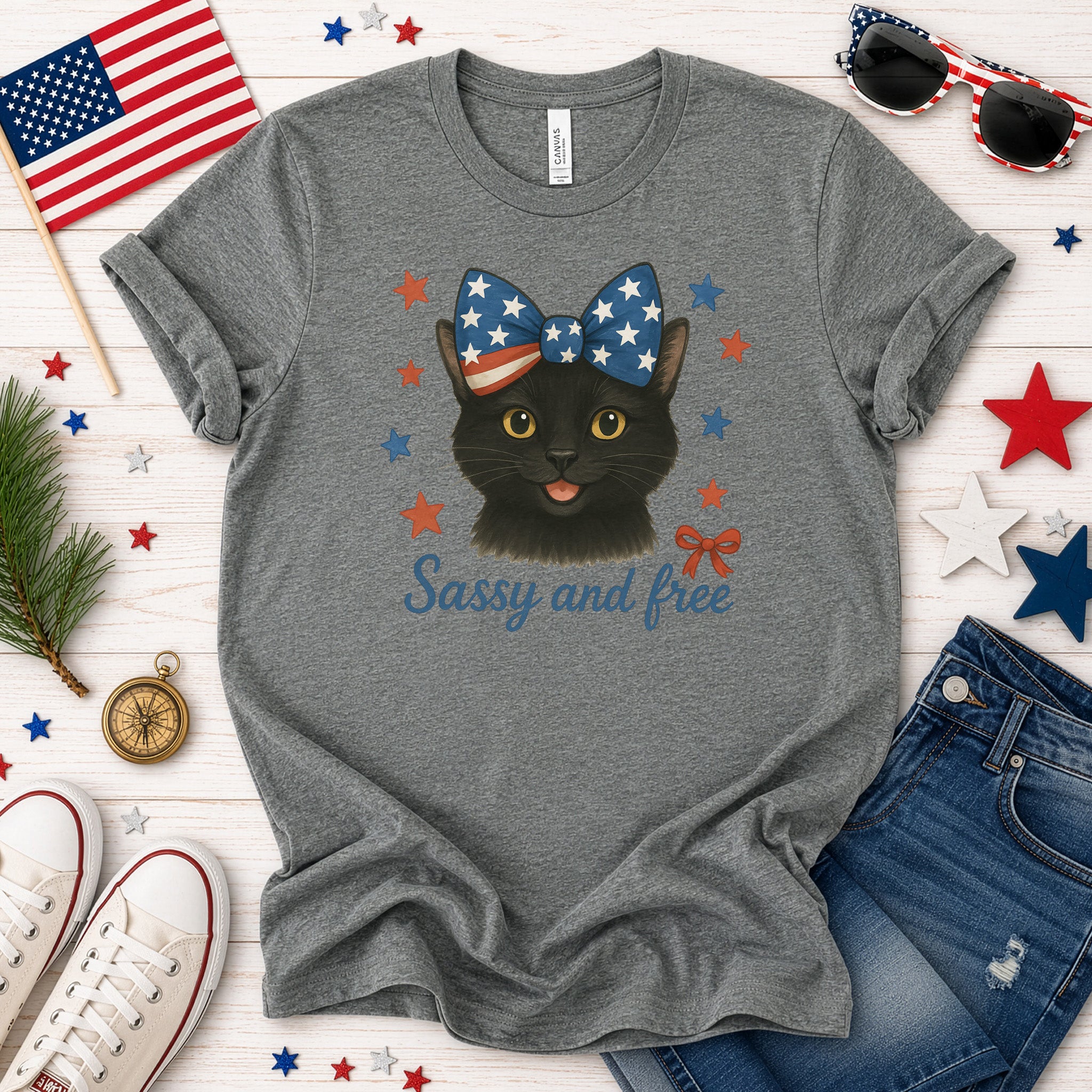 Black Cat with Ribbon 4th of July T-Shirt