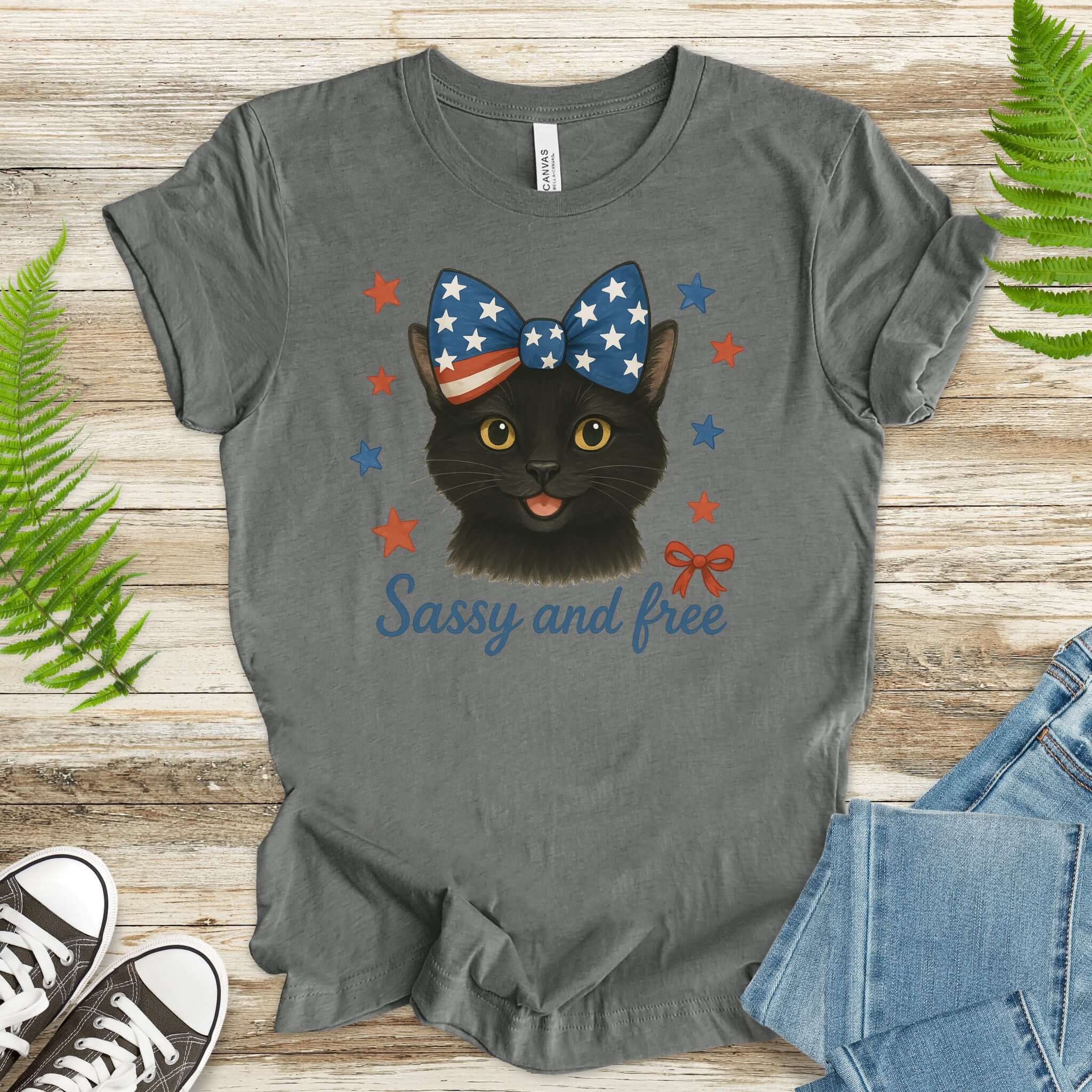Black Cat with Ribbon 4th of July T-Shirt