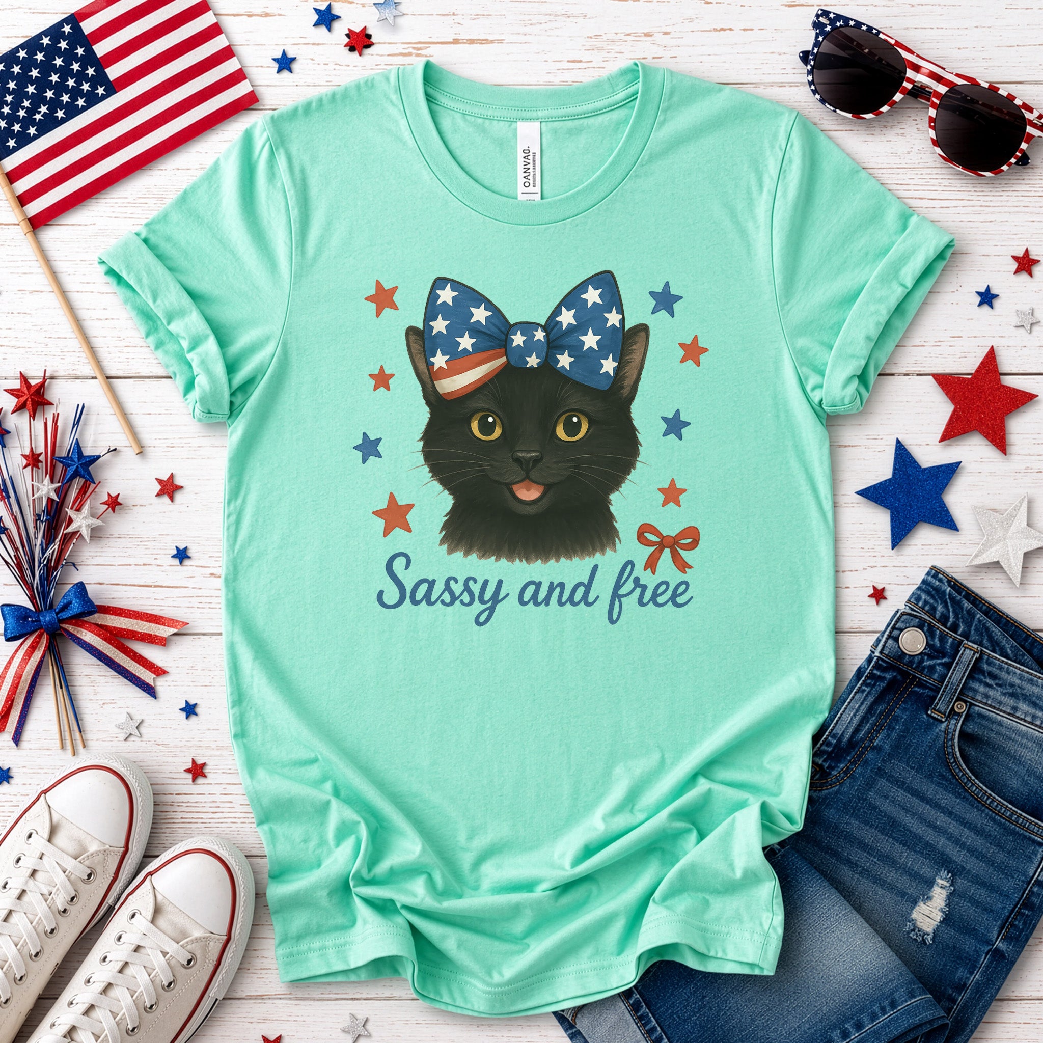 Black Cat with Ribbon 4th of July T-Shirt