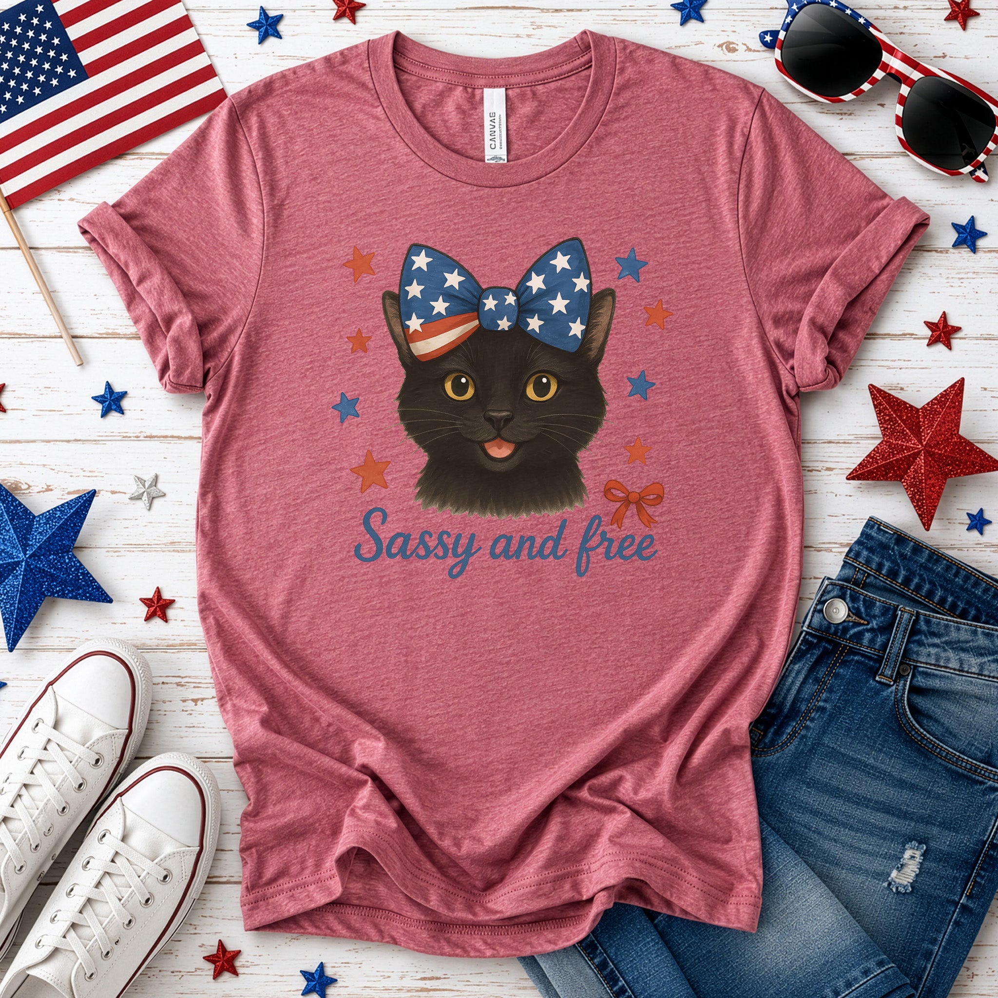 Black Cat with Ribbon 4th of July T-Shirt