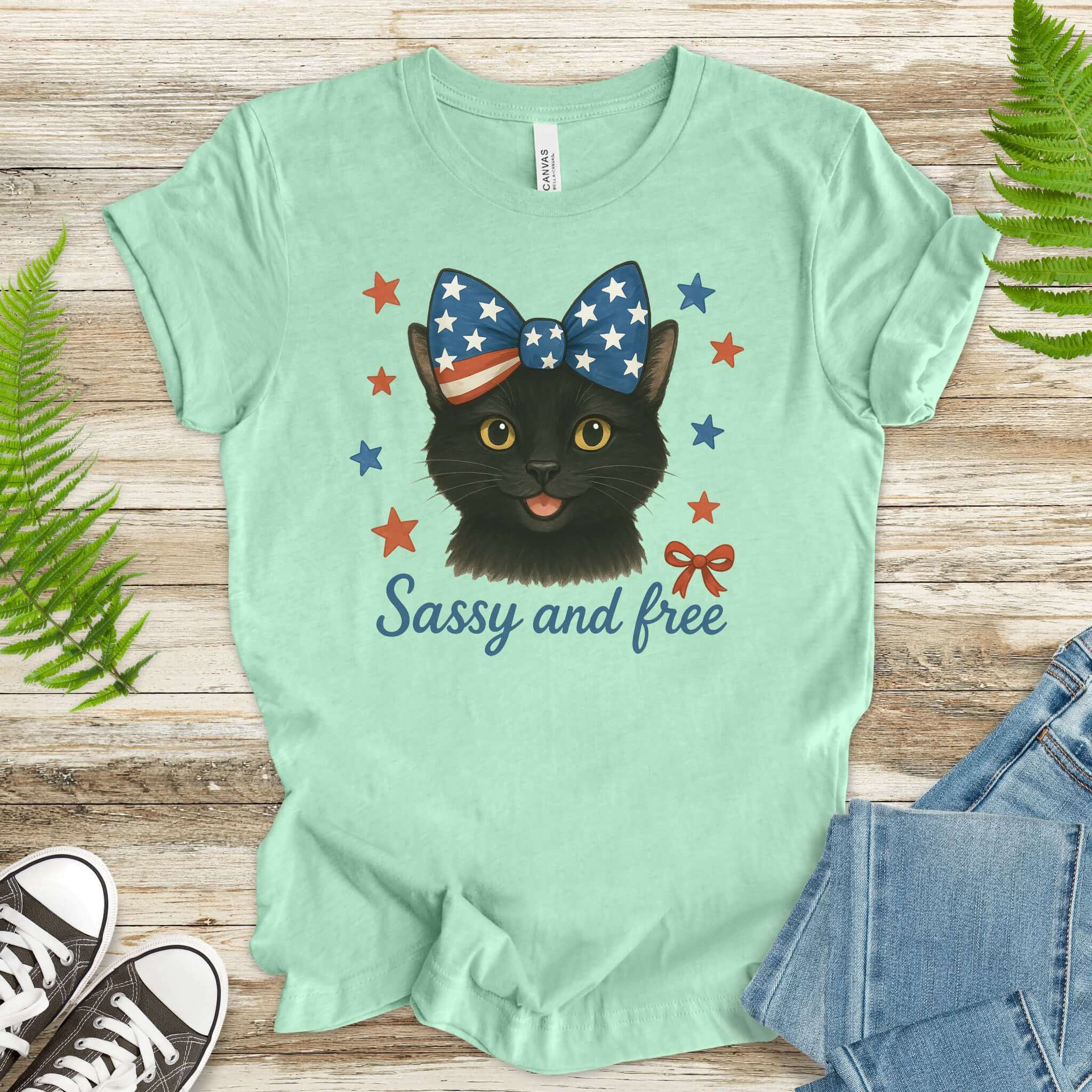 Black Cat with Ribbon 4th of July T-Shirt