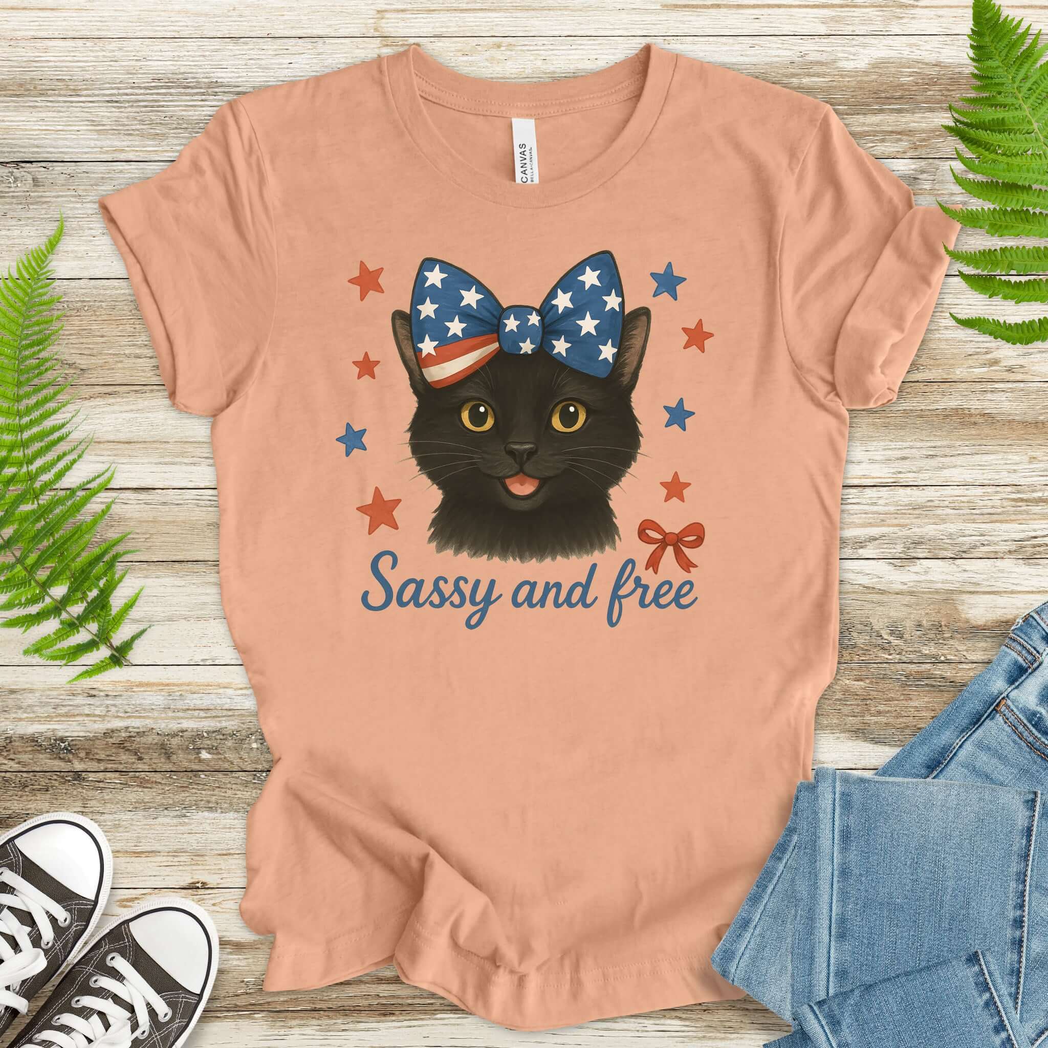 Black Cat with Ribbon 4th of July T-Shirt
