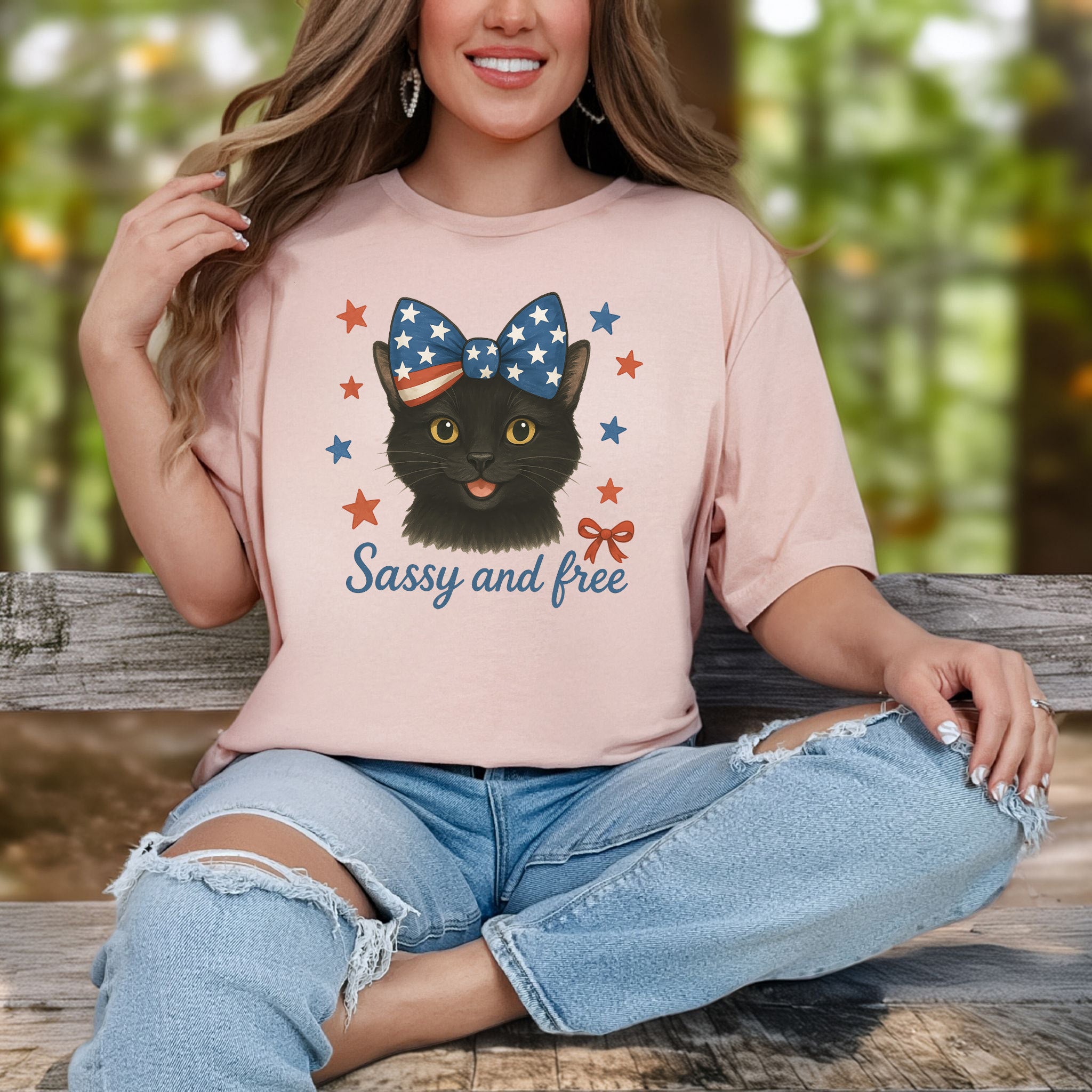 Black Cat with Ribbon 4th of July T-Shirt