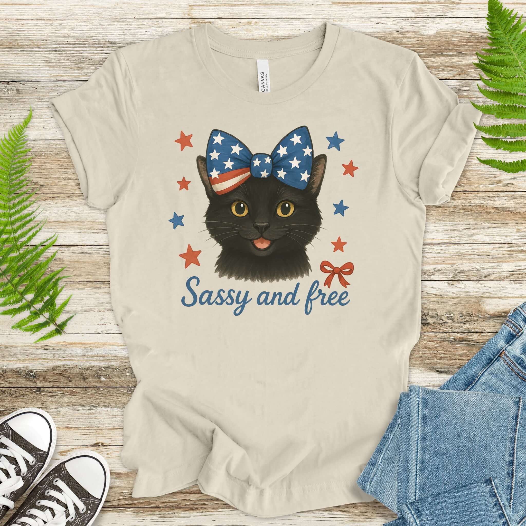 Black Cat with Ribbon 4th of July T-Shirt