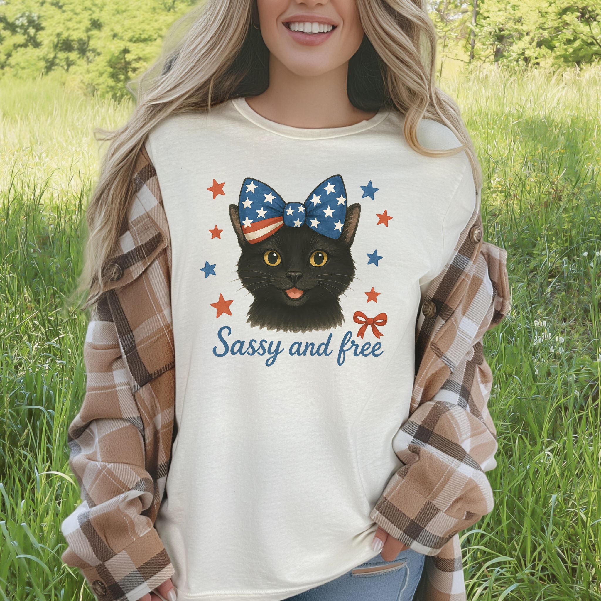Black Cat with Ribbon 4th of July T-Shirt
