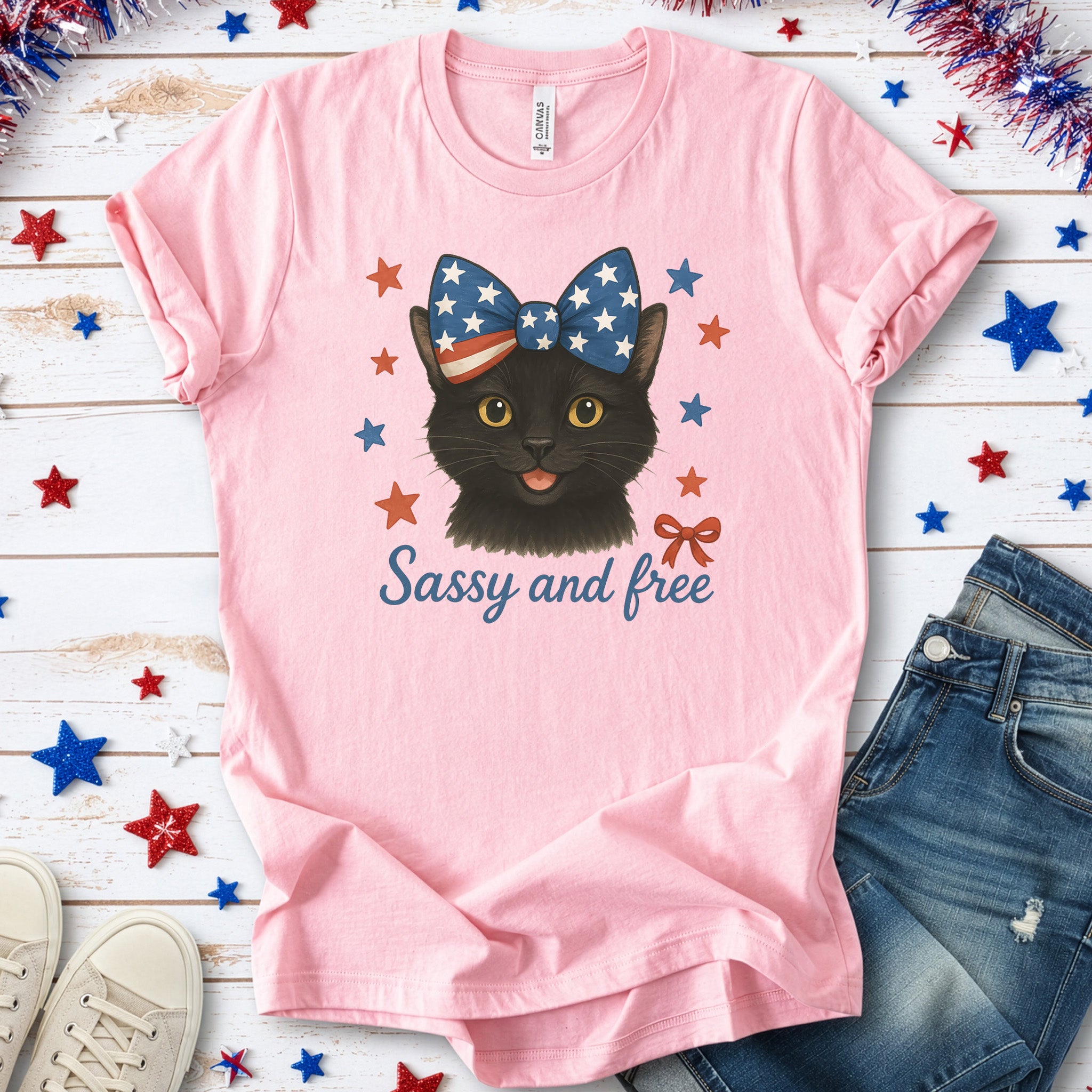 Black Cat with Ribbon 4th of July T-Shirt