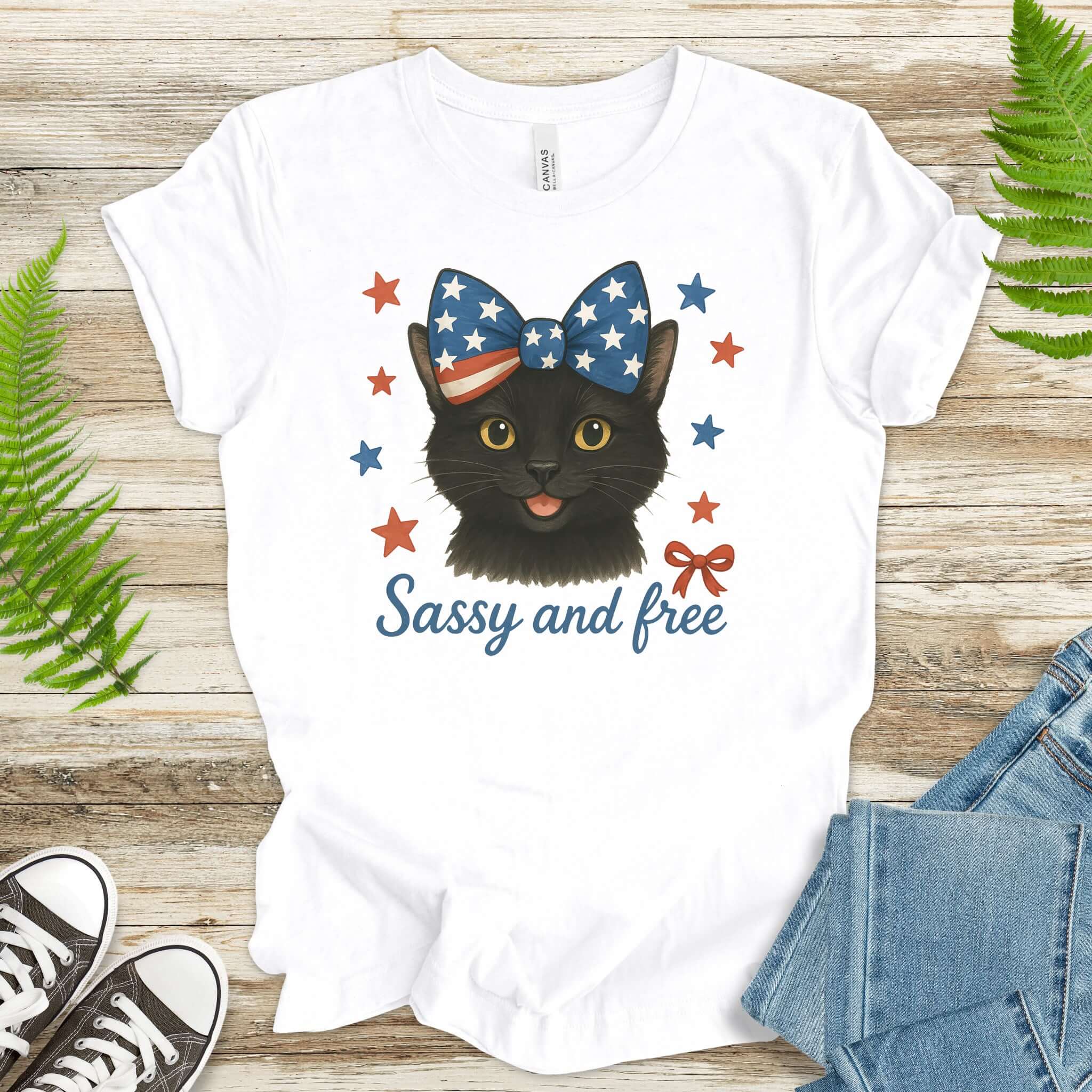 Black Cat with Ribbon 4th of July T-Shirt