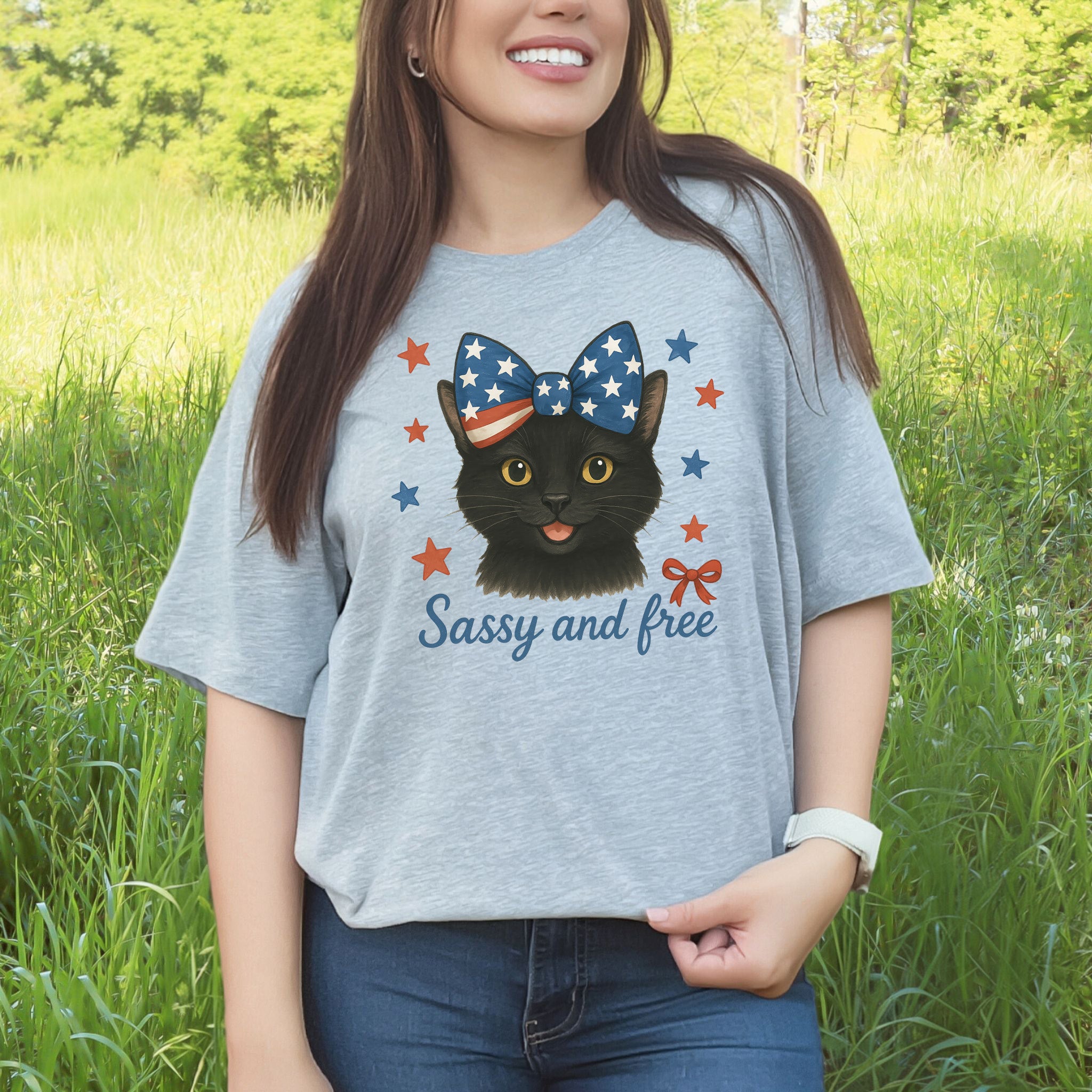 Black Cat with Ribbon 4th of July T-Shirt