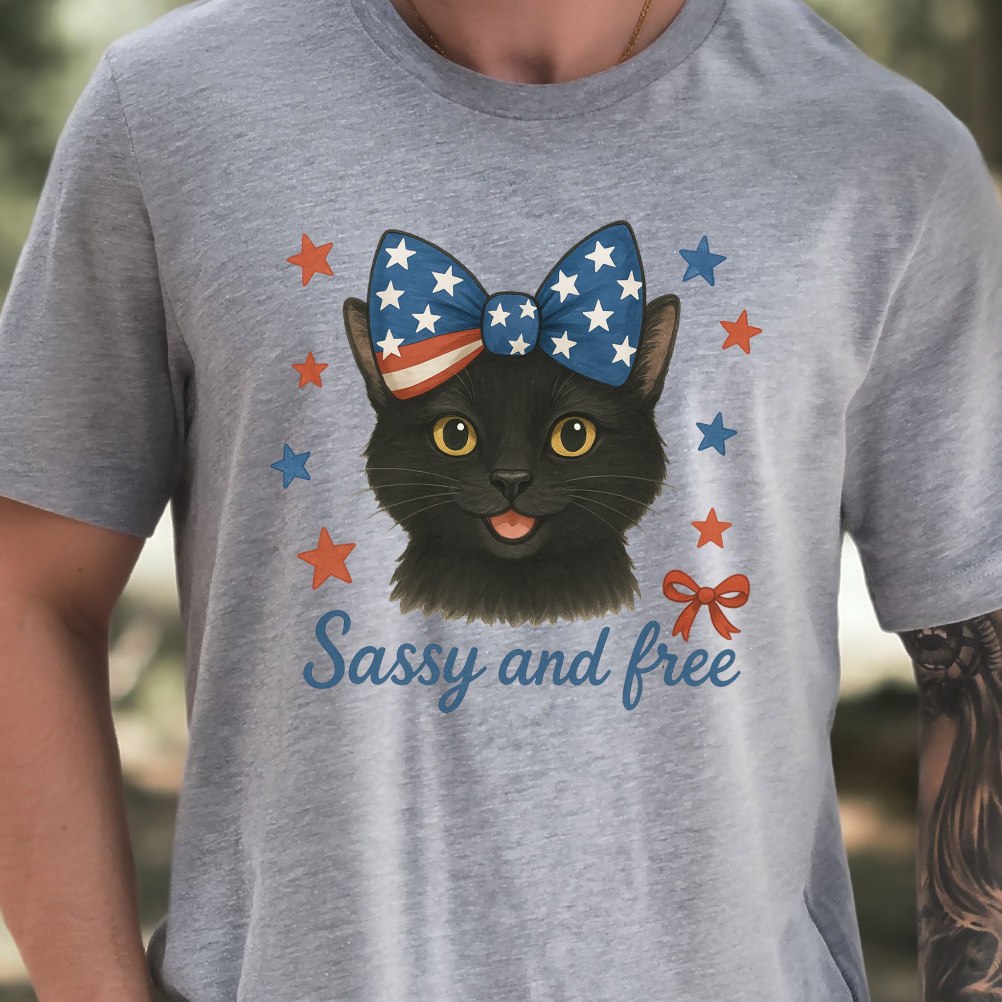 Black Cat with Ribbon 4th of July T-Shirt