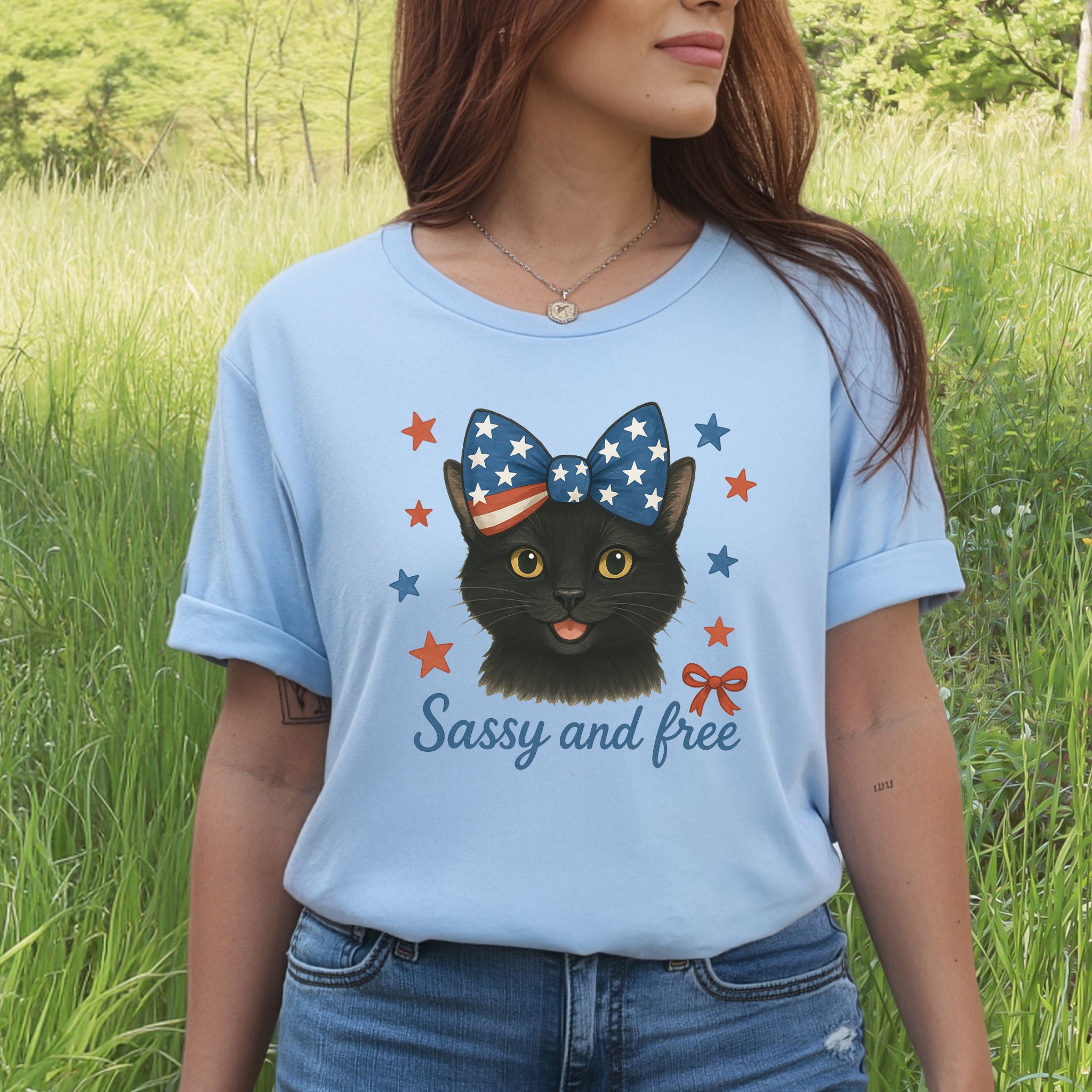 Black Cat with Ribbon 4th of July T-Shirt