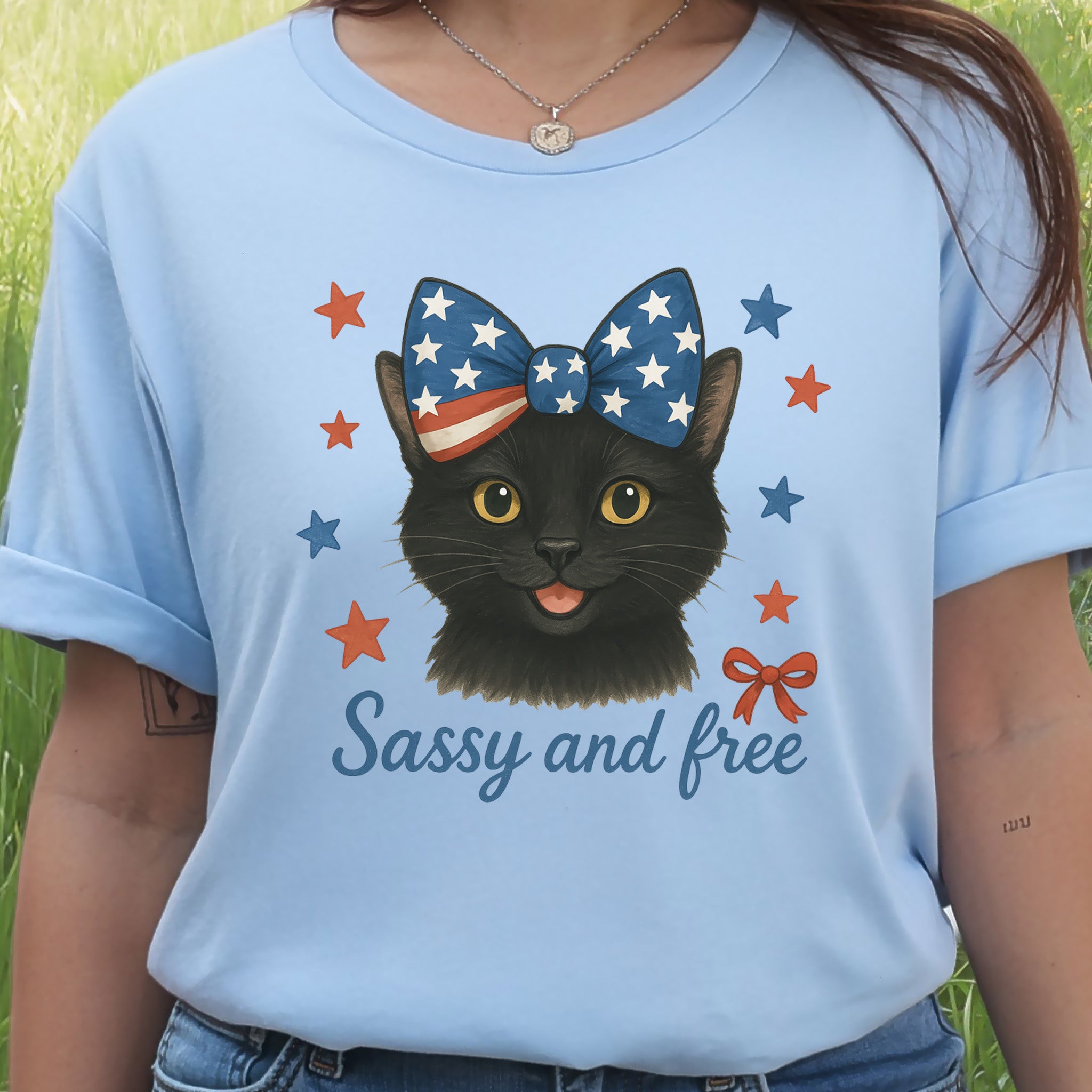 Black Cat with Ribbon 4th of July T-Shirt