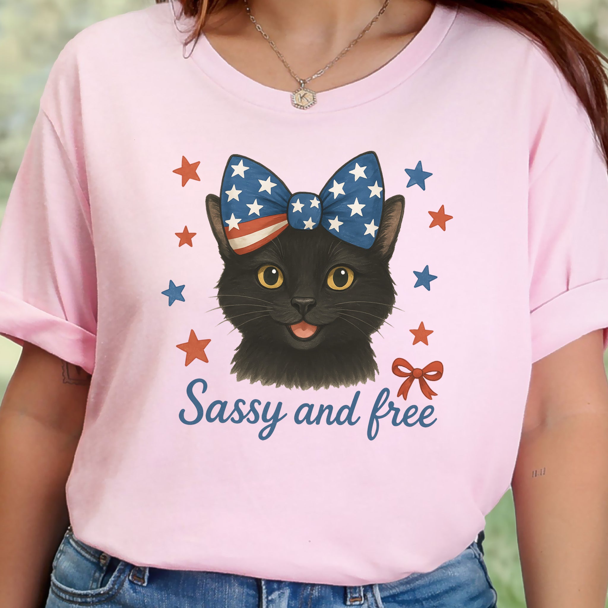 Black Cat with Ribbon 4th of July T-Shirt