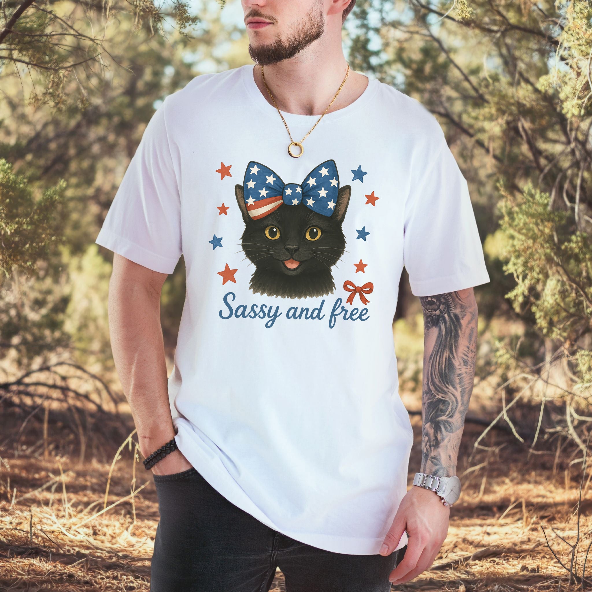 Black Cat with Ribbon 4th of July T-Shirt
