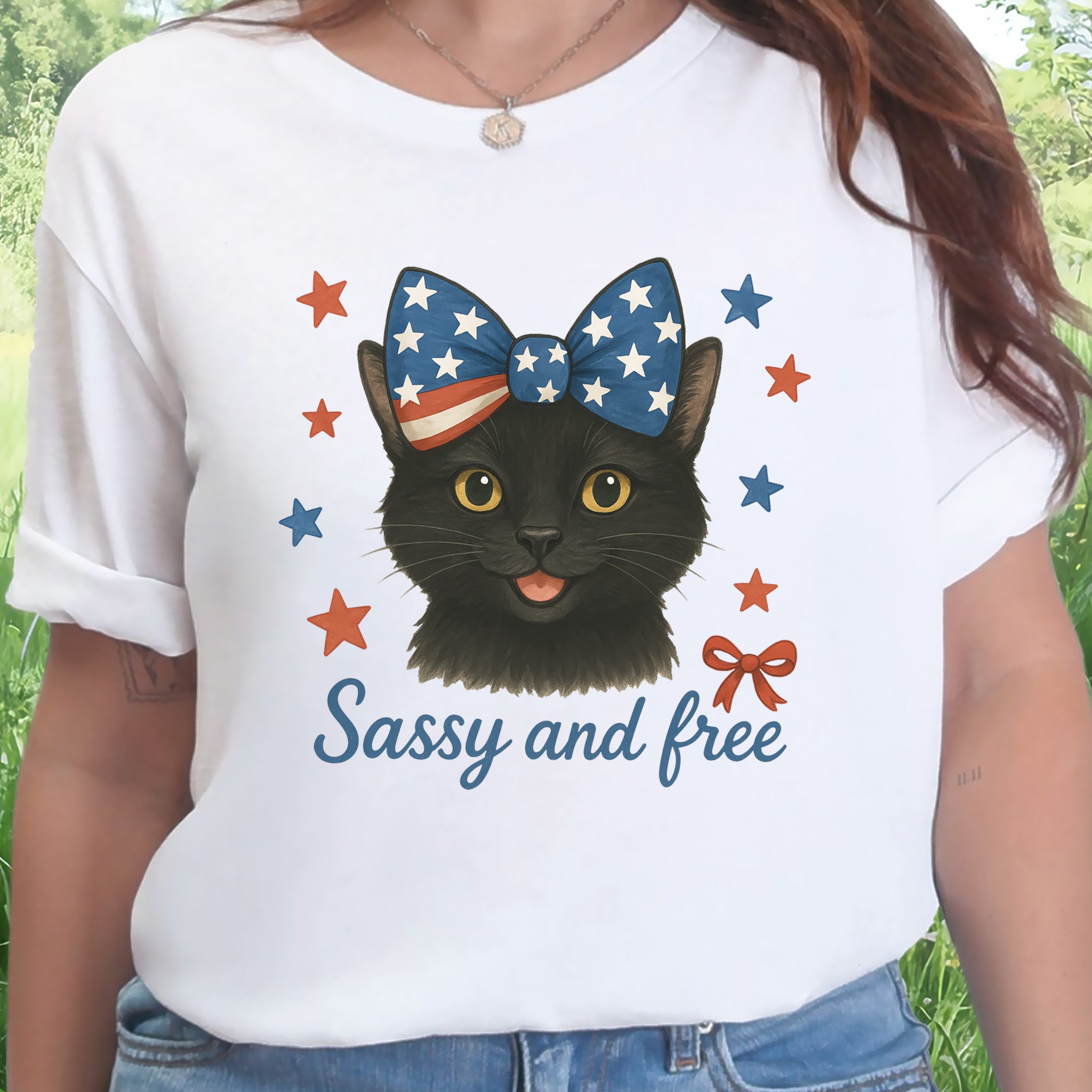 Black Cat with Ribbon 4th of July T-Shirt