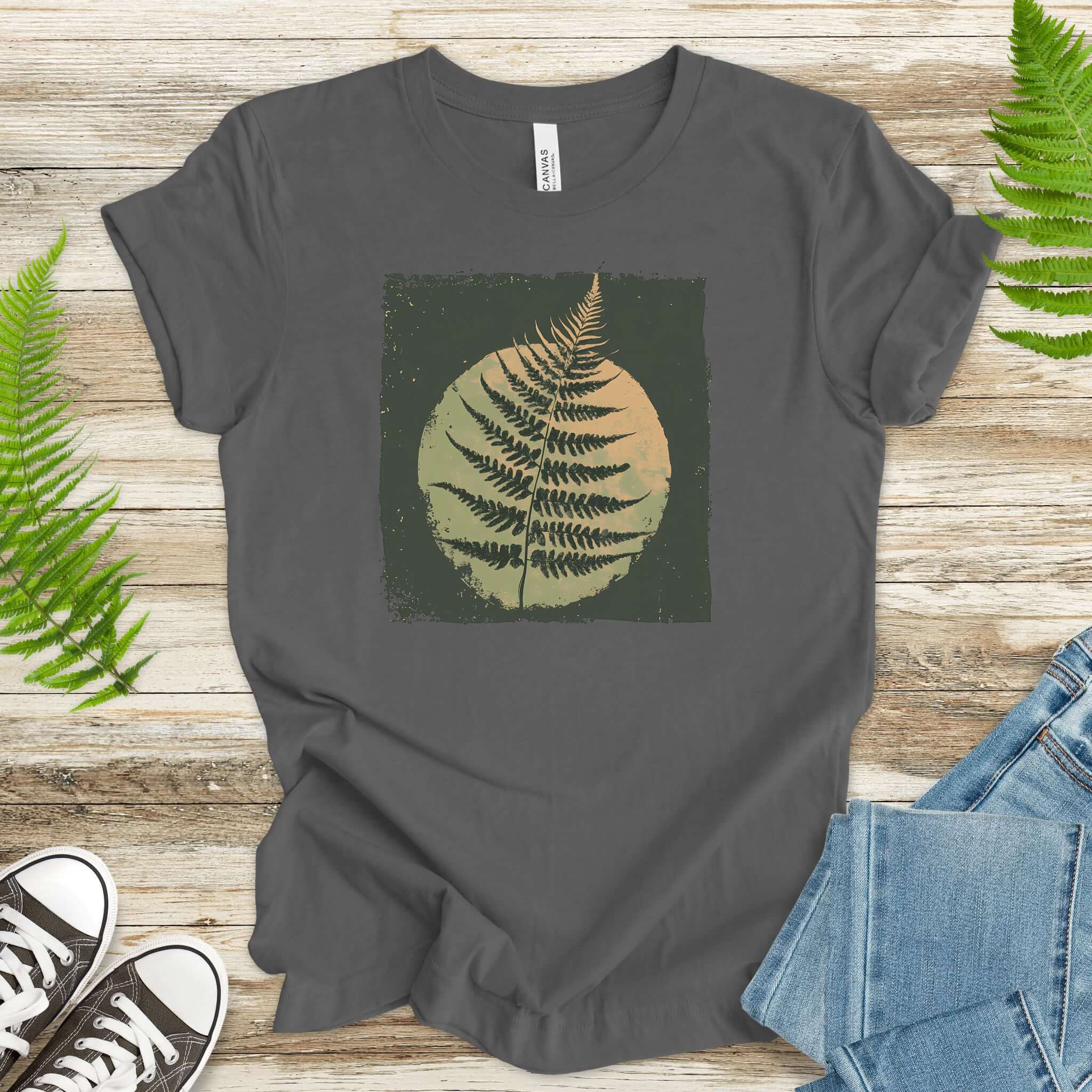 Retro Decorative Leaf Screen Print Style T-Shirt