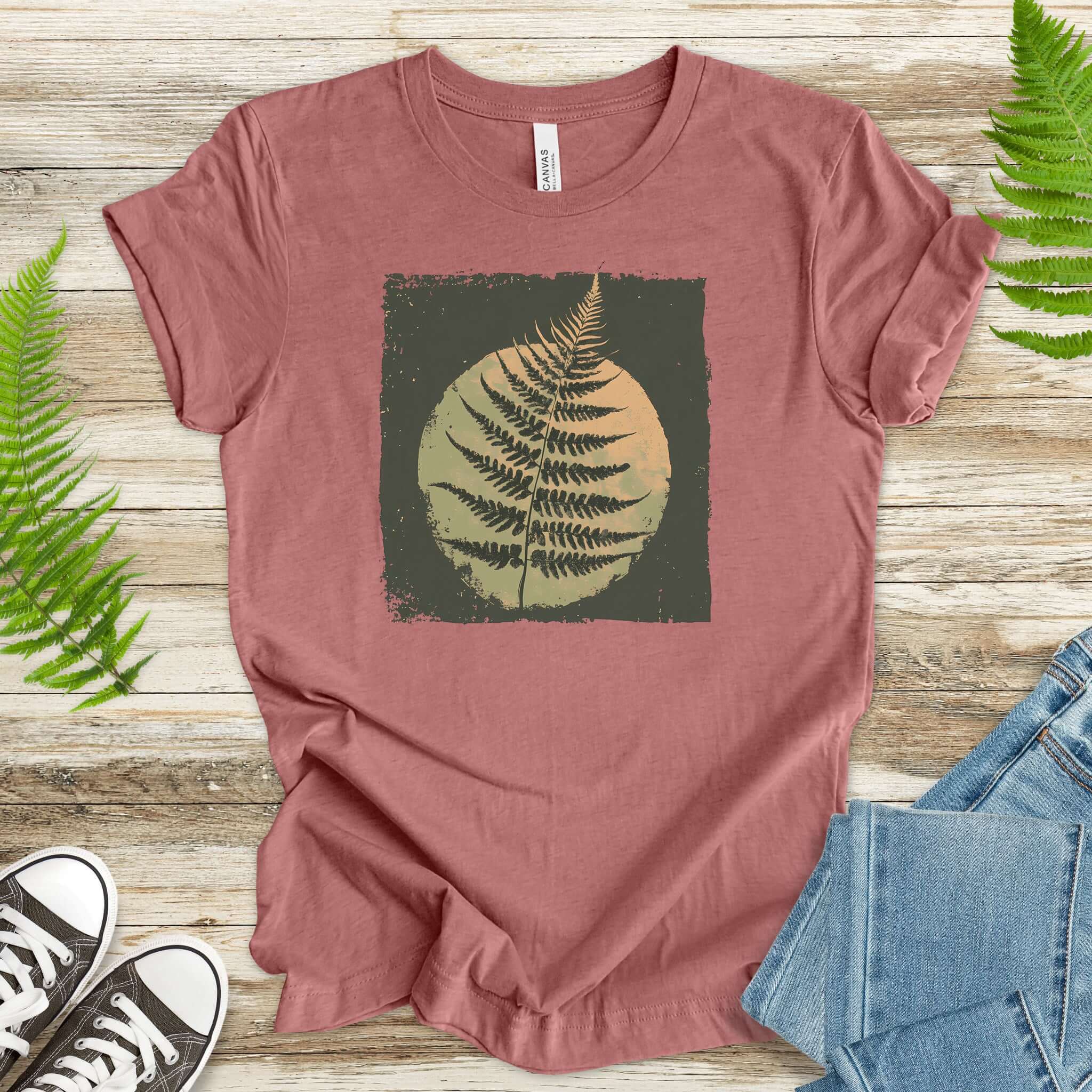 Retro Decorative Leaf Screen Print Style T-Shirt