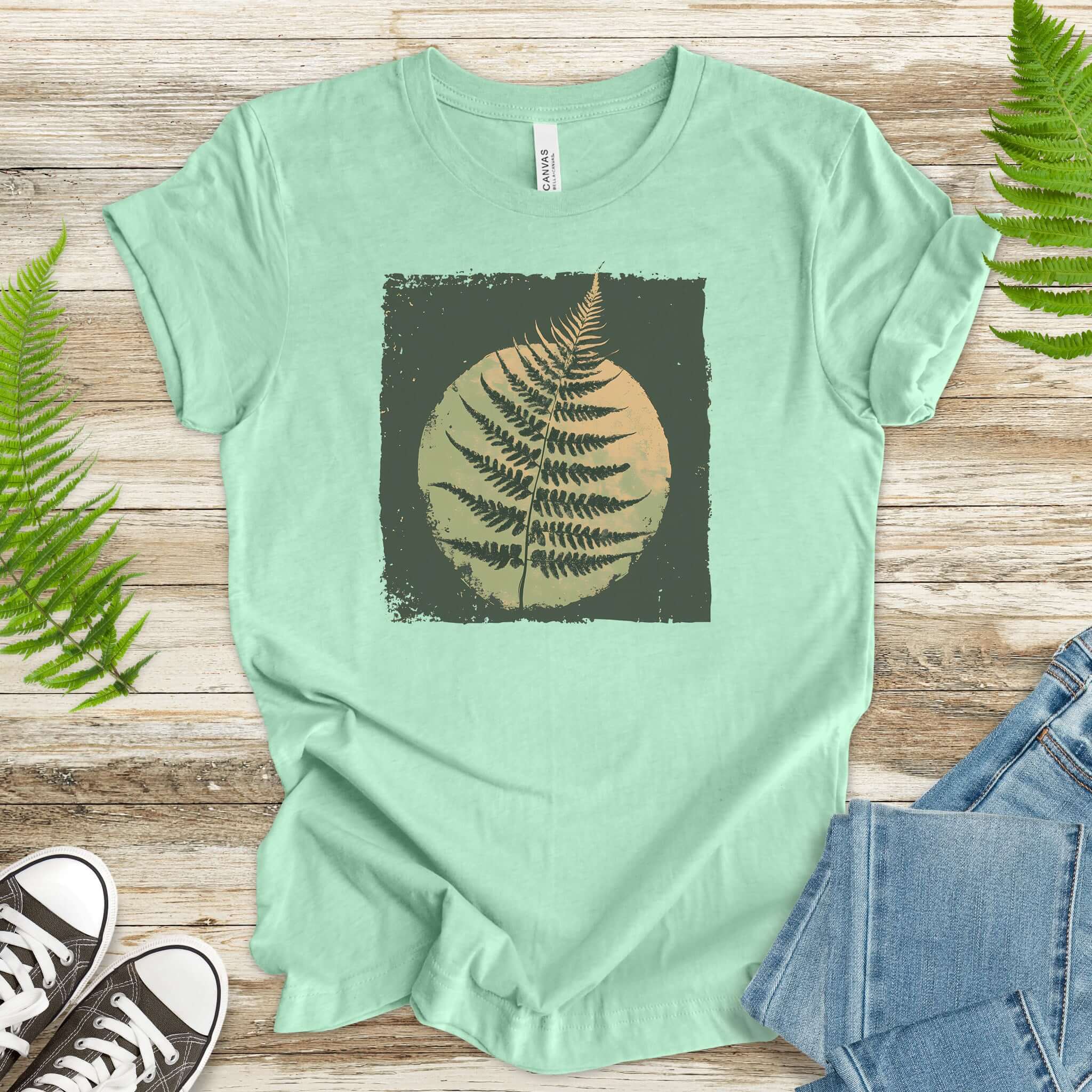 Retro Decorative Leaf Screen Print Style T-Shirt