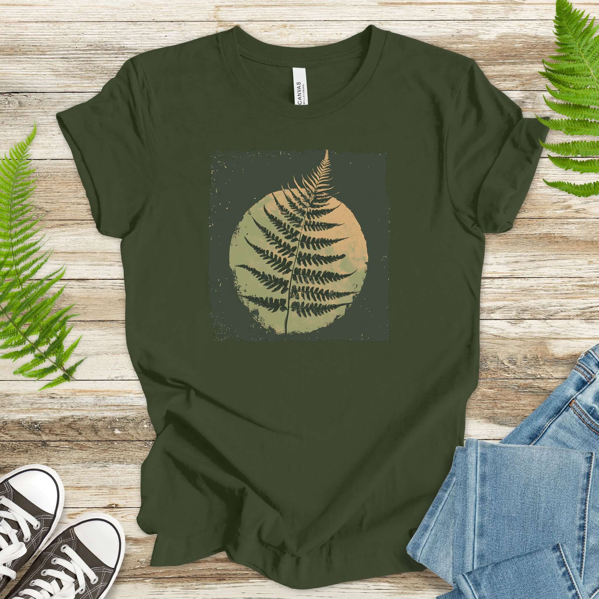 Retro Decorative Leaf Screen Print Style T-Shirt