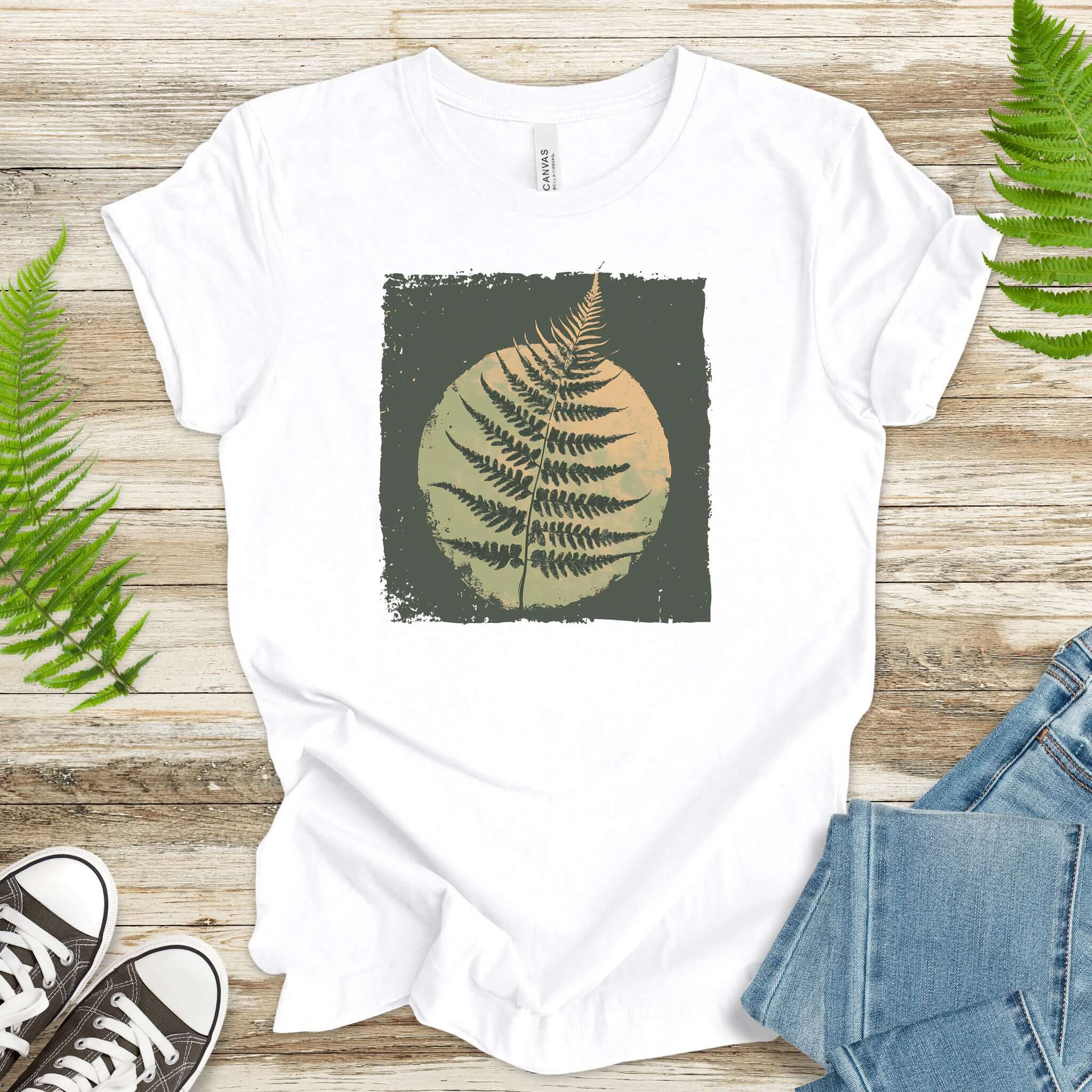 Retro Decorative Leaf Screen Print Style T-Shirt