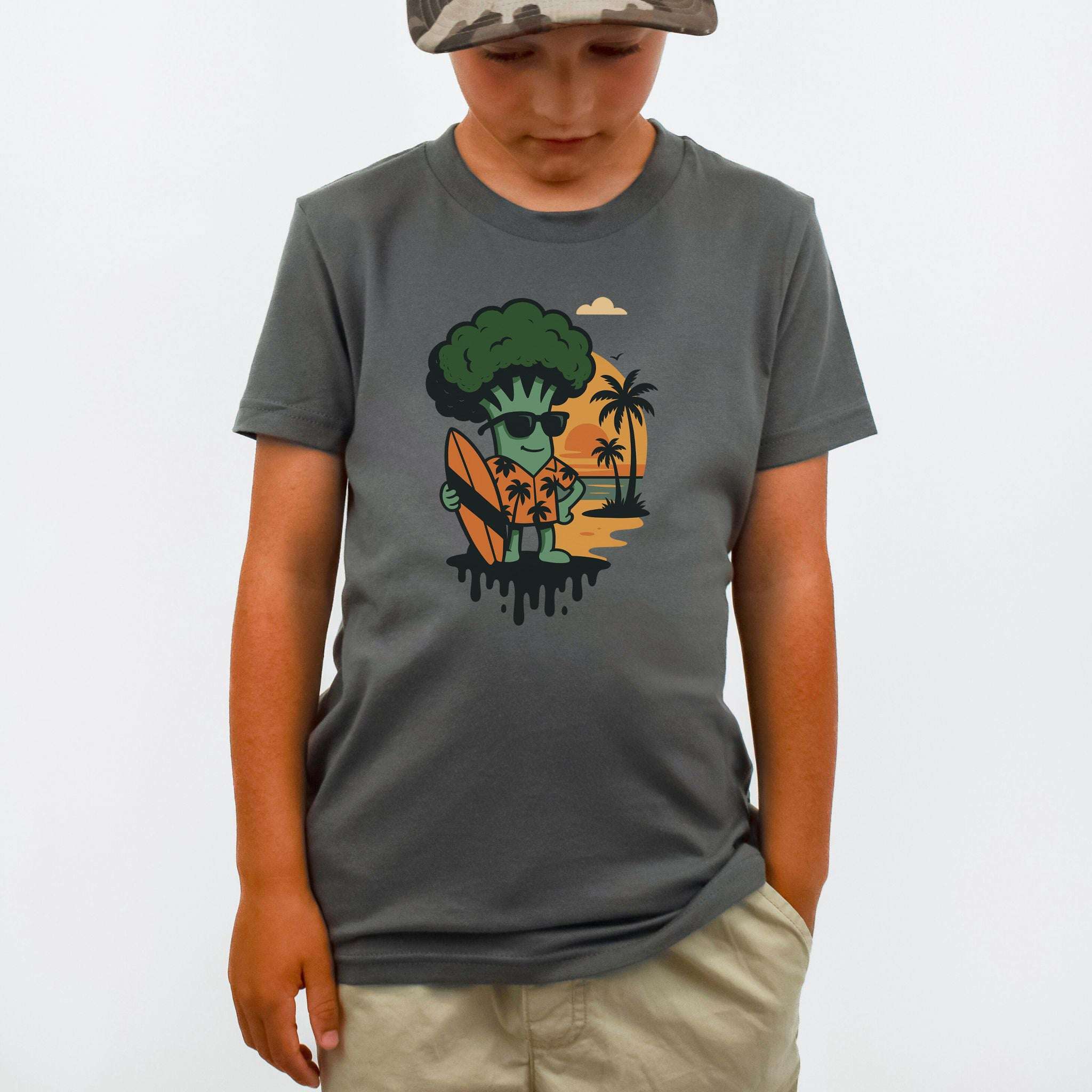 Surf’s Up Broccoli Dude – Funny Veggie Vibes Youth Tee