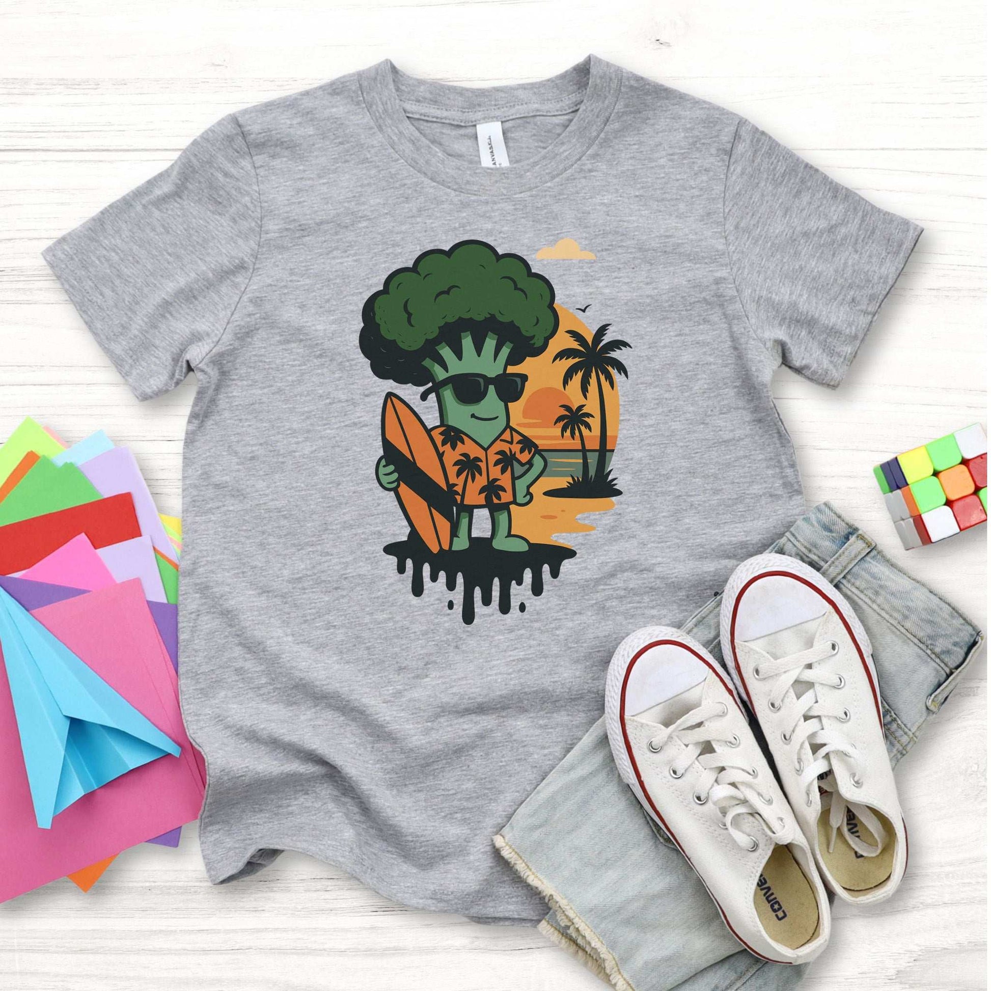 Surf’s Up Broccoli Dude – Funny Veggie Vibes Youth Tee