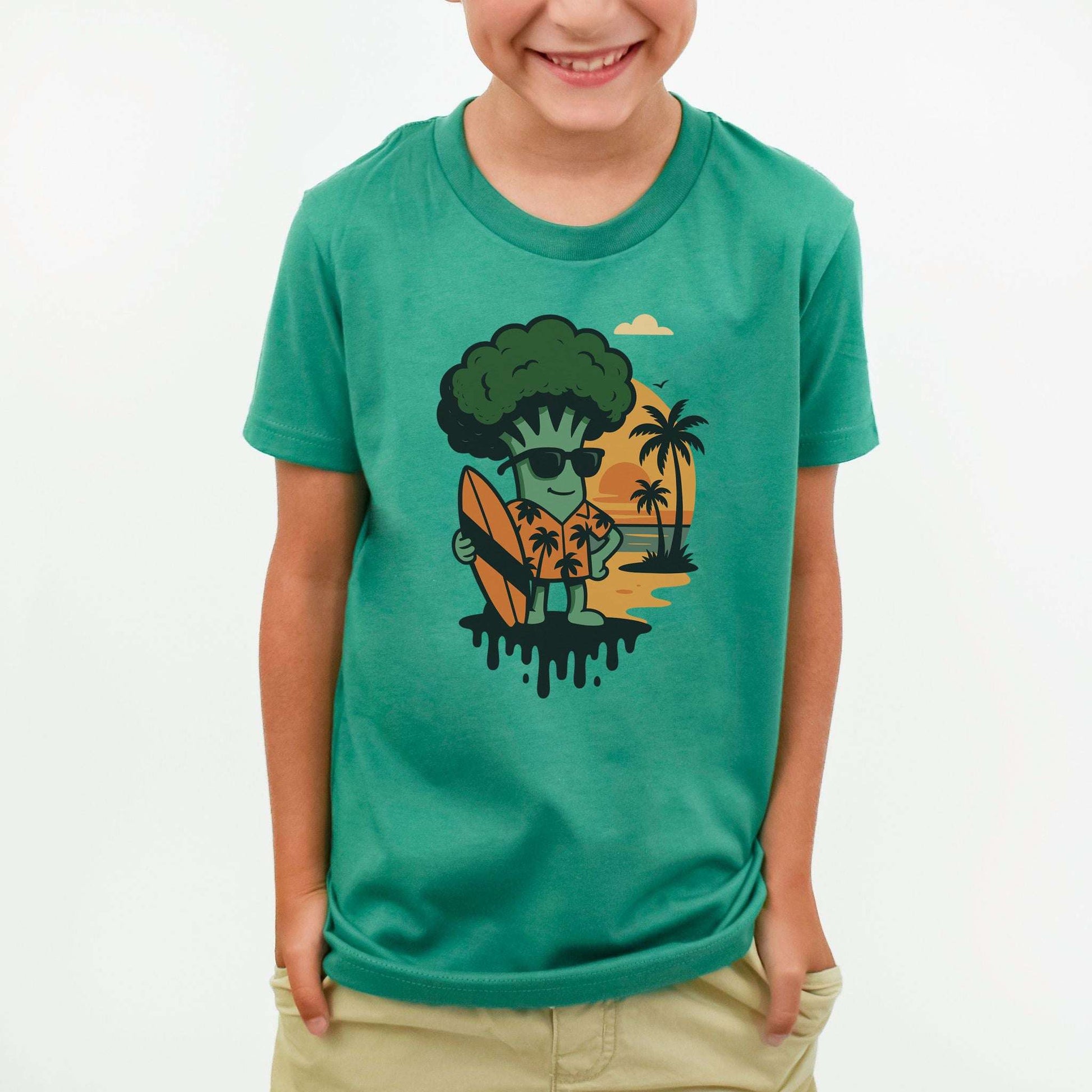 Surf’s Up Broccoli Dude – Funny Veggie Vibes Youth Tee