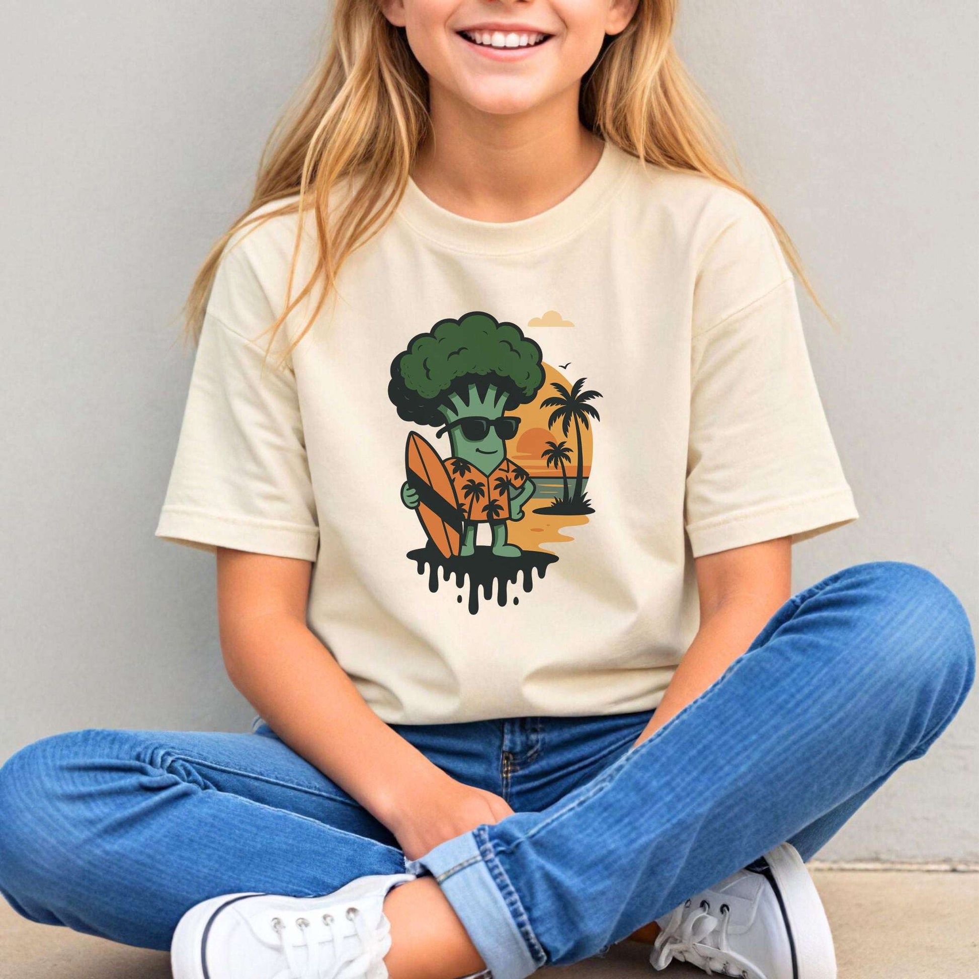 Surf’s Up Broccoli Dude – Funny Veggie Vibes Youth Tee