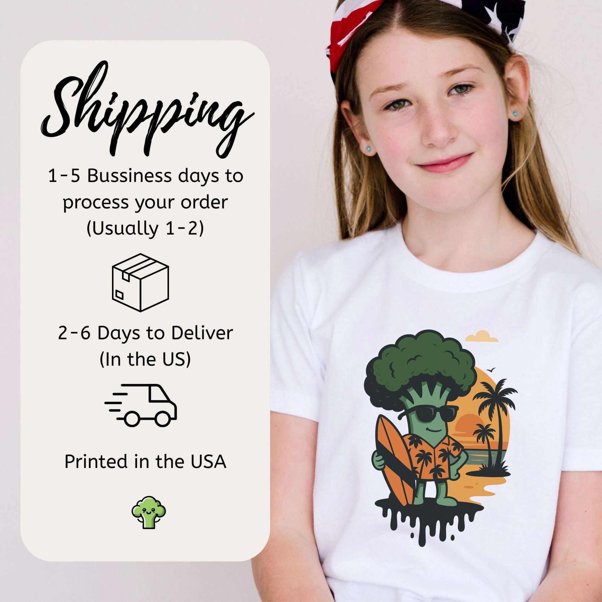 Surf’s Up Broccoli Dude – Funny Veggie Vibes Youth Tee