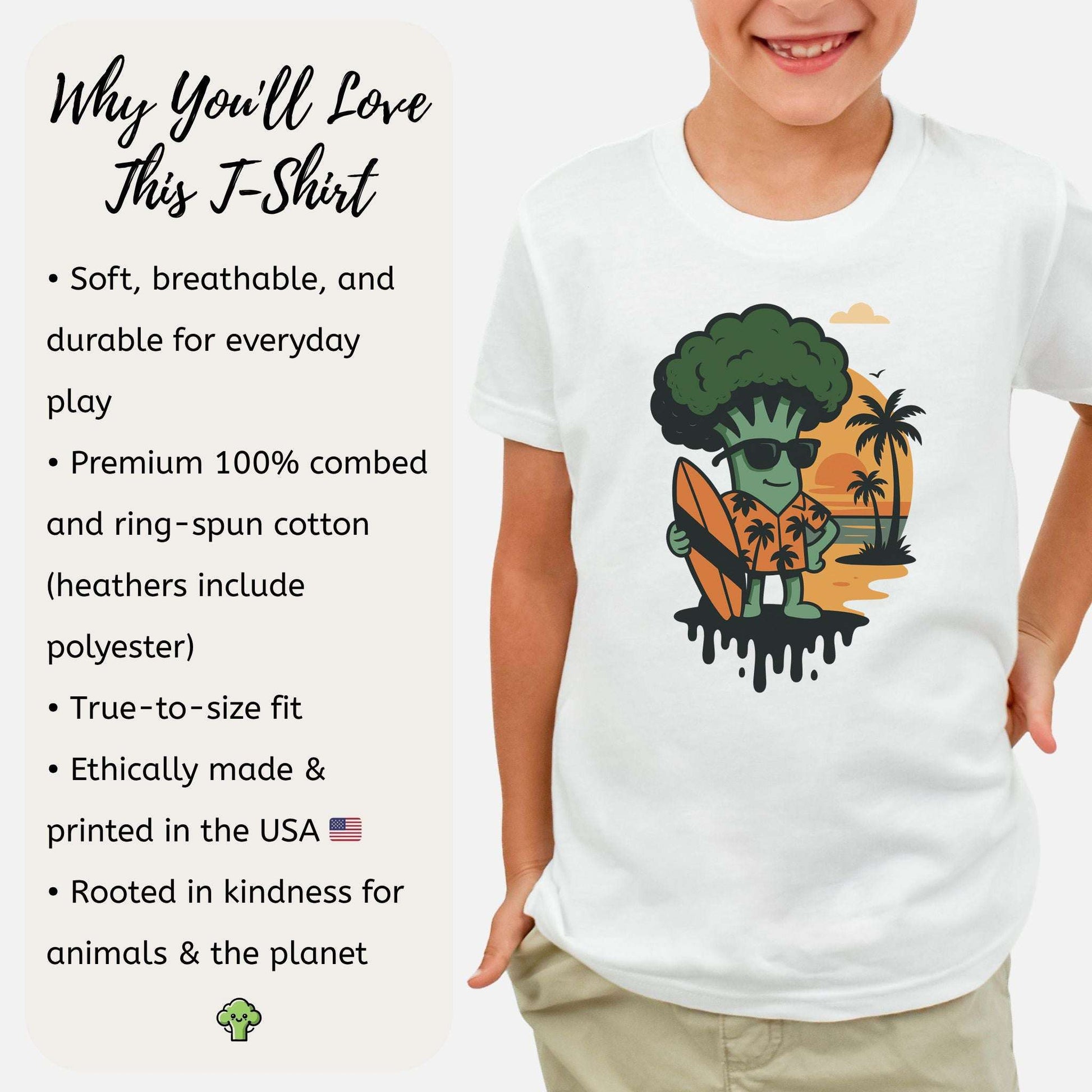 Surf’s Up Broccoli Dude – Funny Veggie Vibes Youth Tee