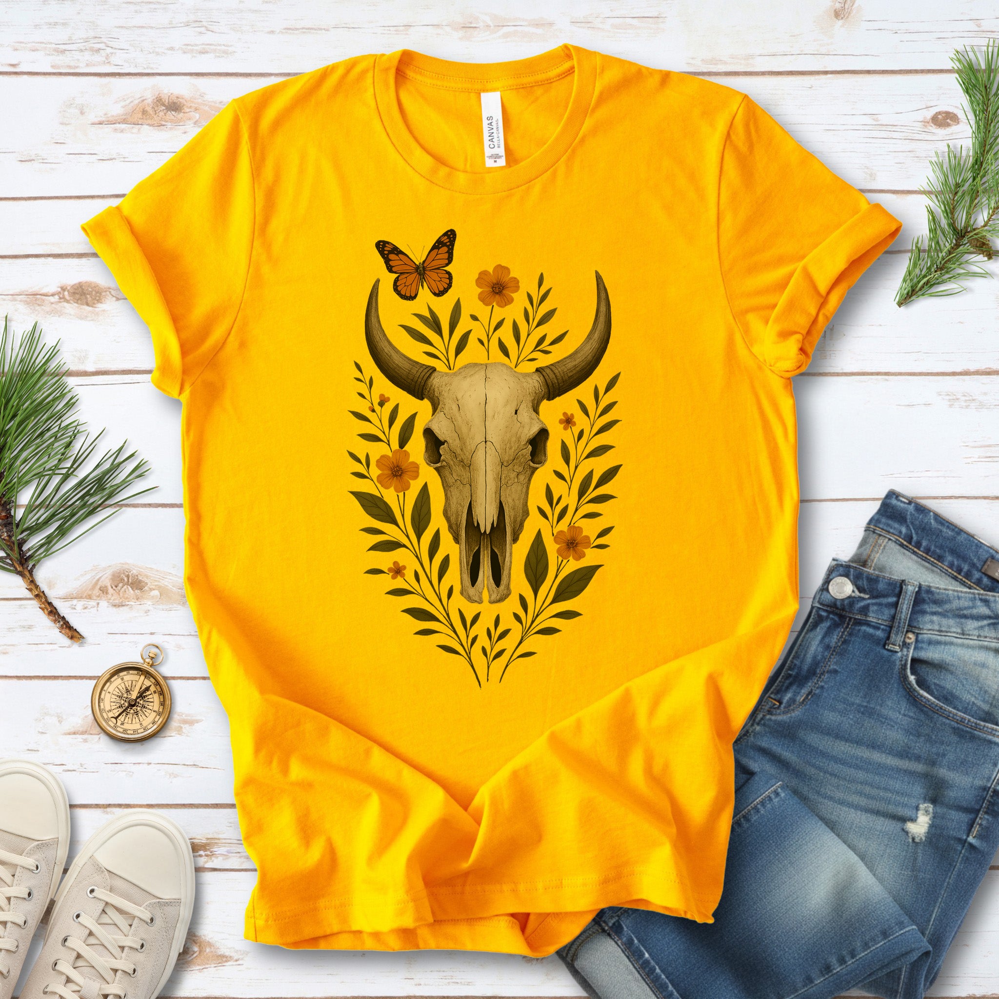 Western Bloom Skull T-Shirt – Floral Bull Skull & Butterfly Tee