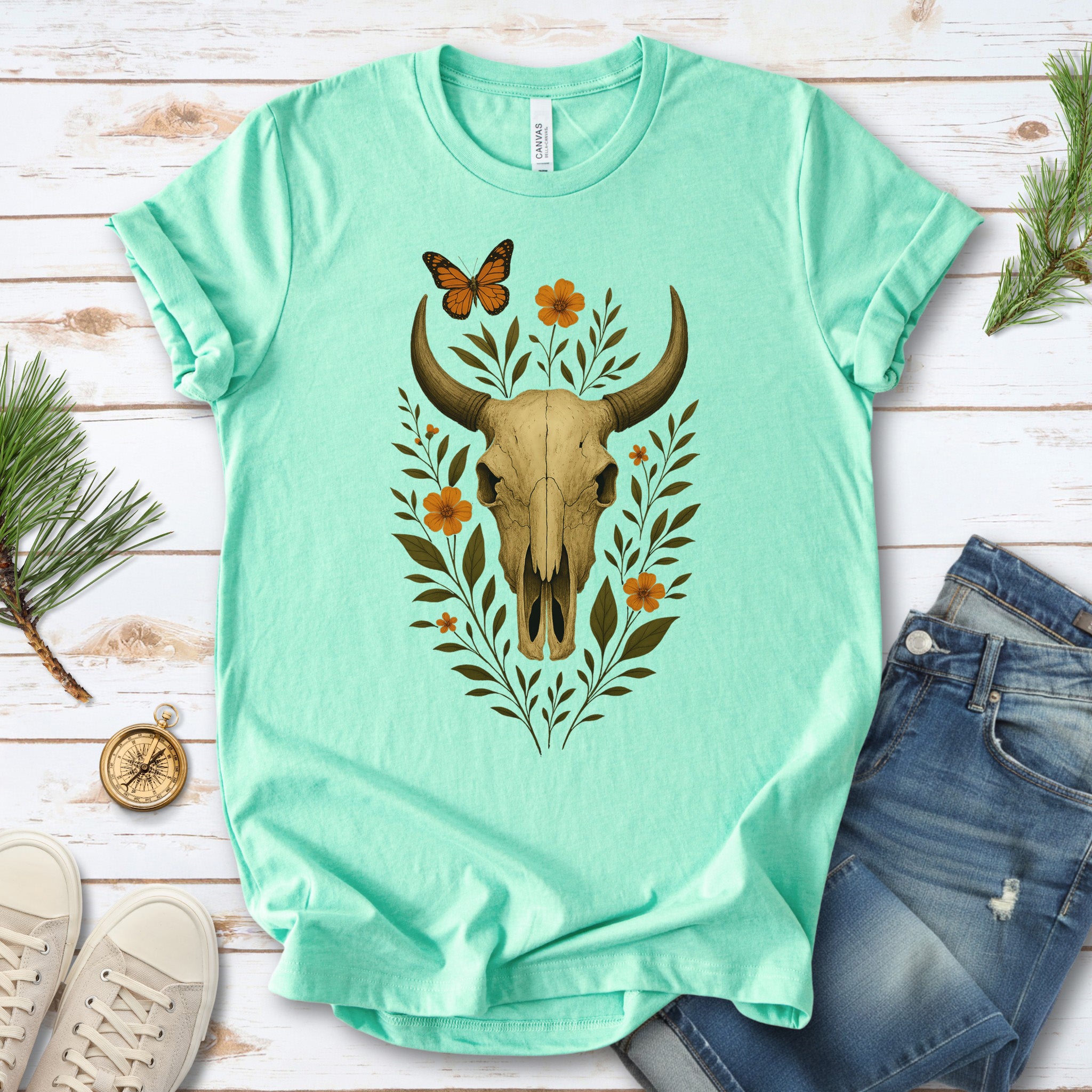 Western Bloom Skull T-Shirt – Floral Bull Skull & Butterfly Tee