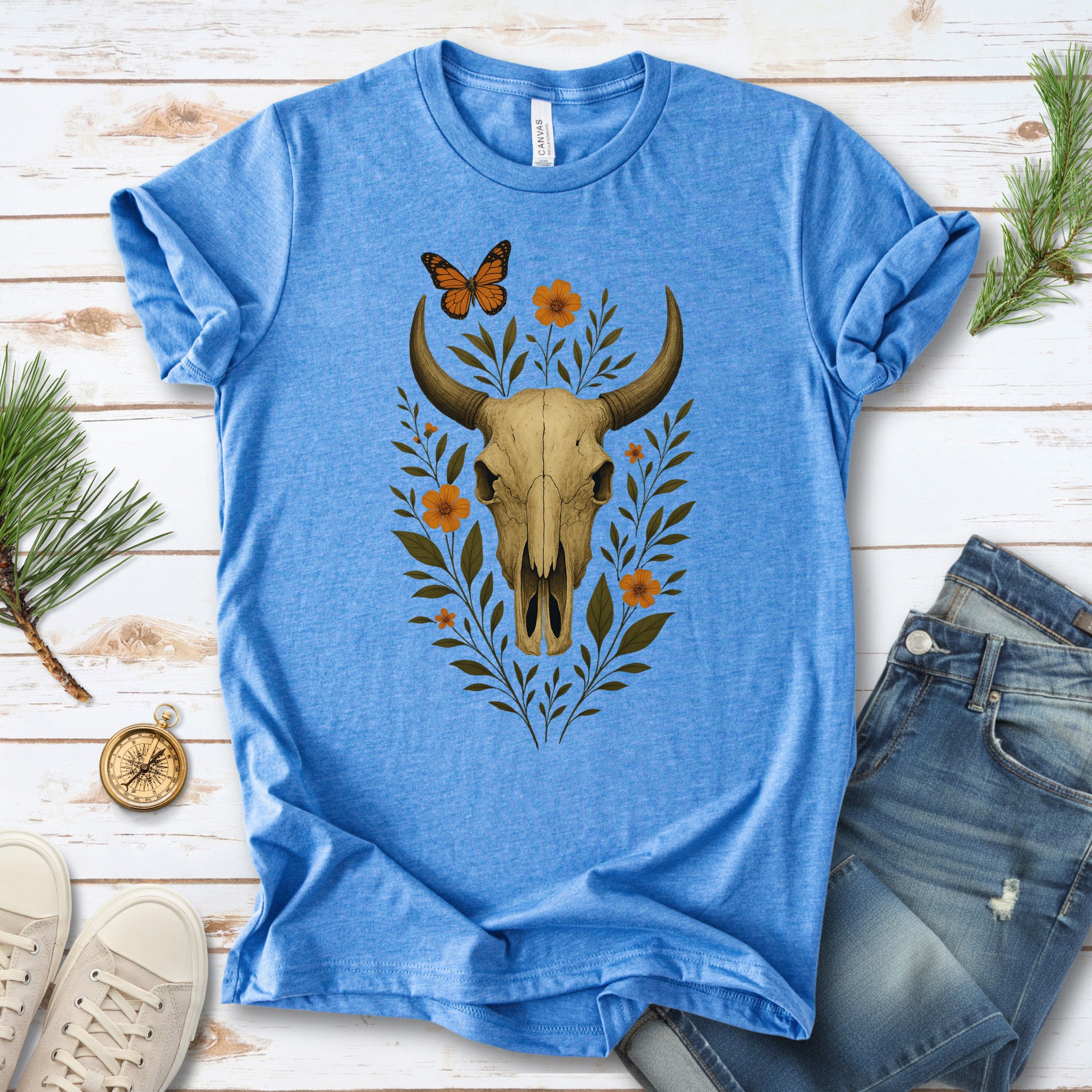 Western Bloom Skull T-Shirt – Floral Bull Skull & Butterfly Tee