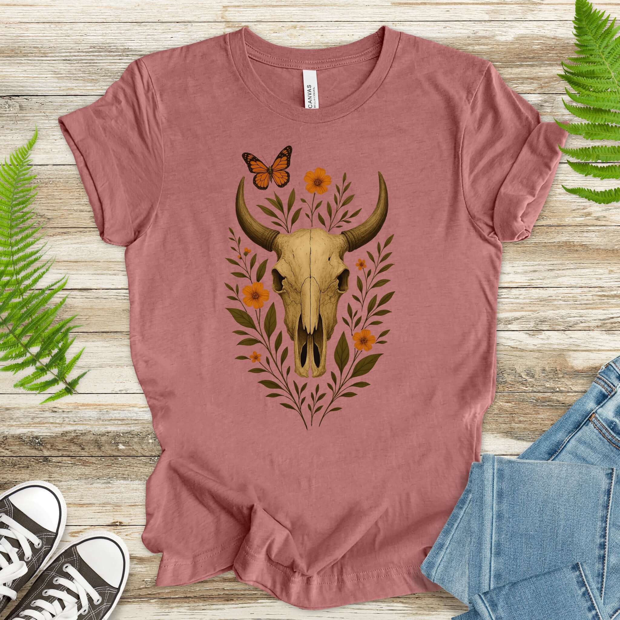 Western Bloom Skull T-Shirt – Floral Bull Skull & Butterfly Tee