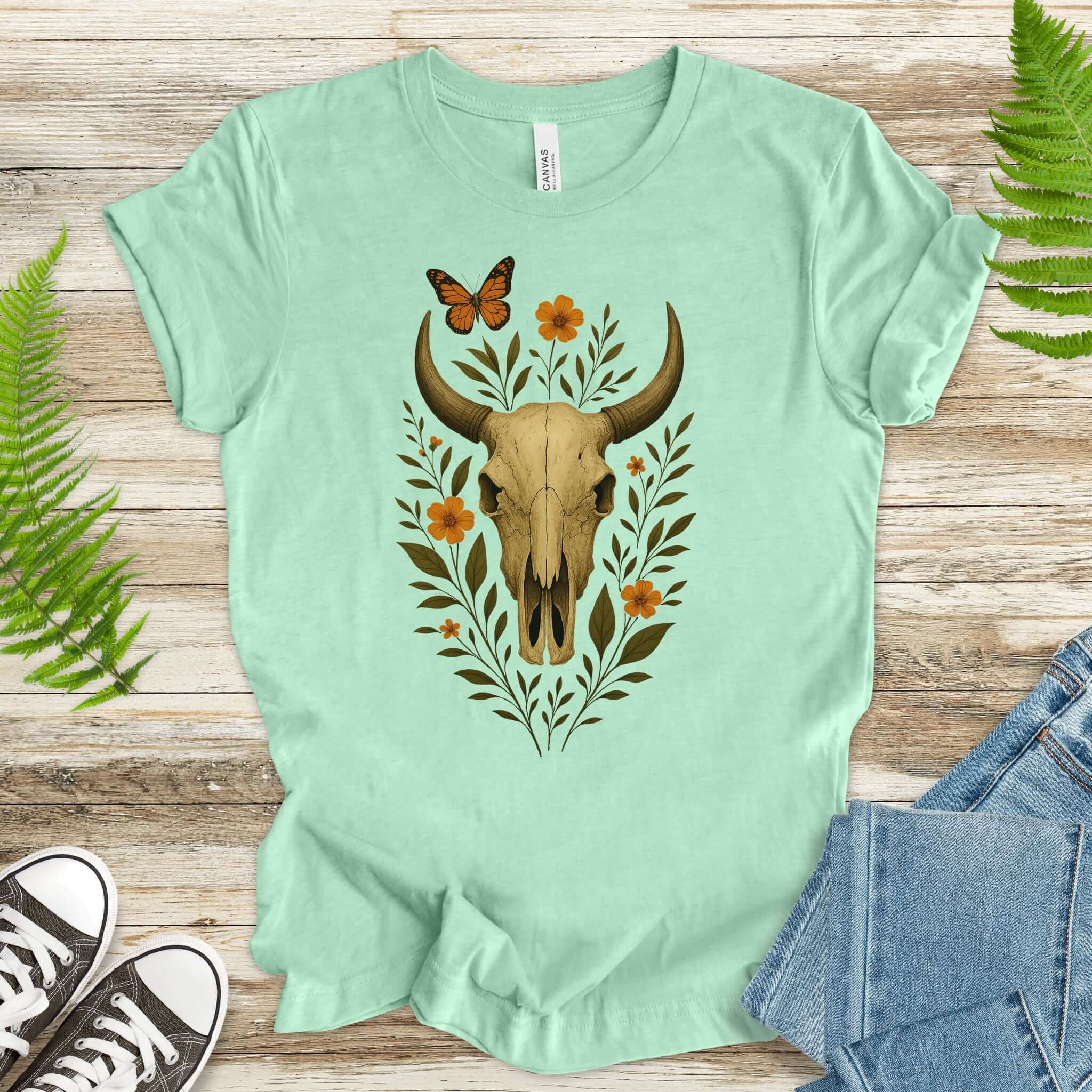 Western Bloom Skull T-Shirt – Floral Bull Skull & Butterfly Tee