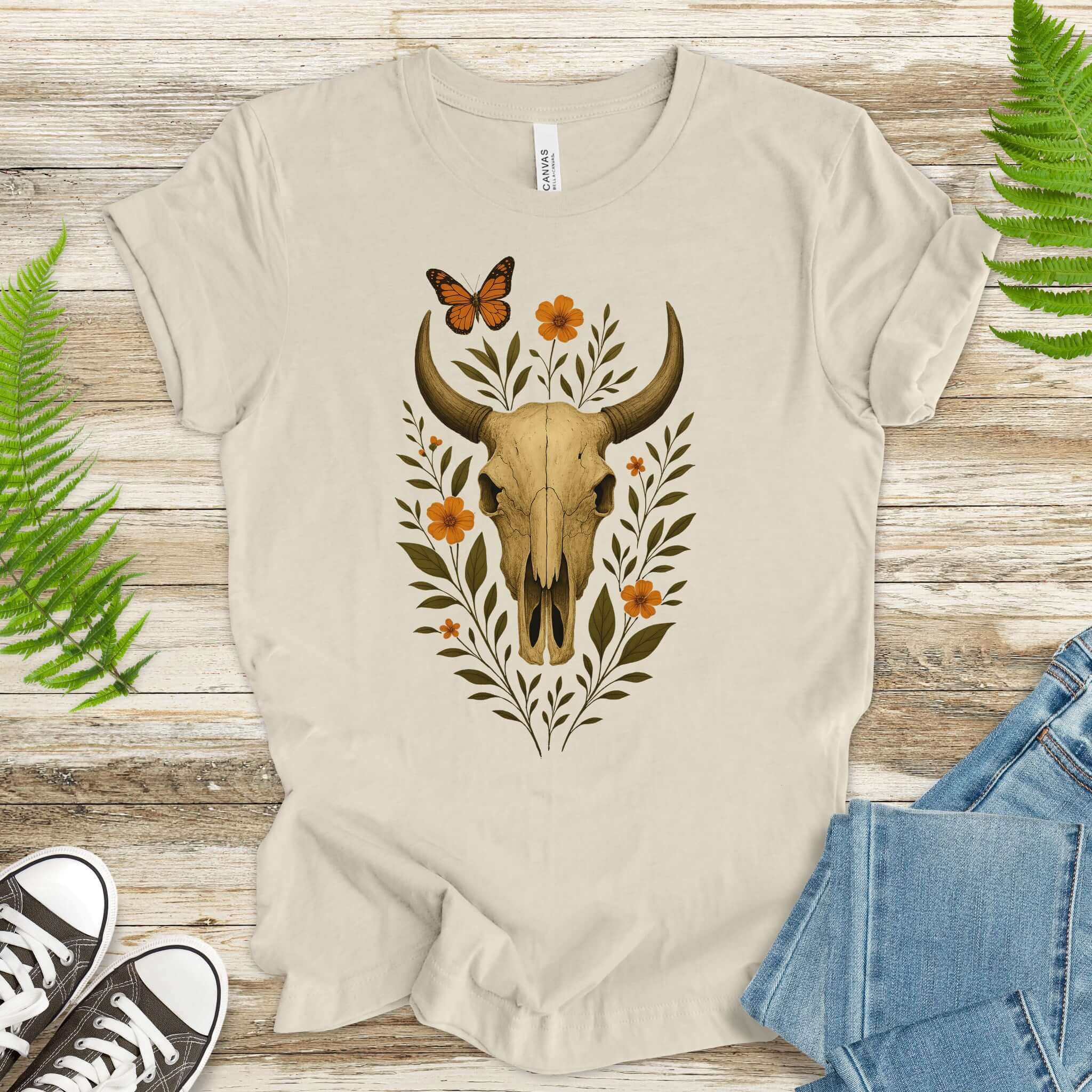 Western Bloom Skull T-Shirt – Floral Bull Skull & Butterfly Tee